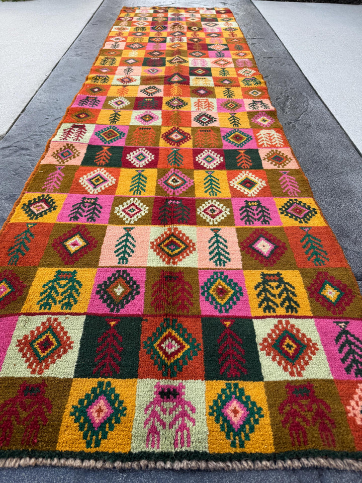3x10 Handmade Vintage Afghan Baluch Runner Rug | Burnt Orange Chocolate Brown Brick Red Rose Salmon Pink Forest Green Mustard Gold | Wool