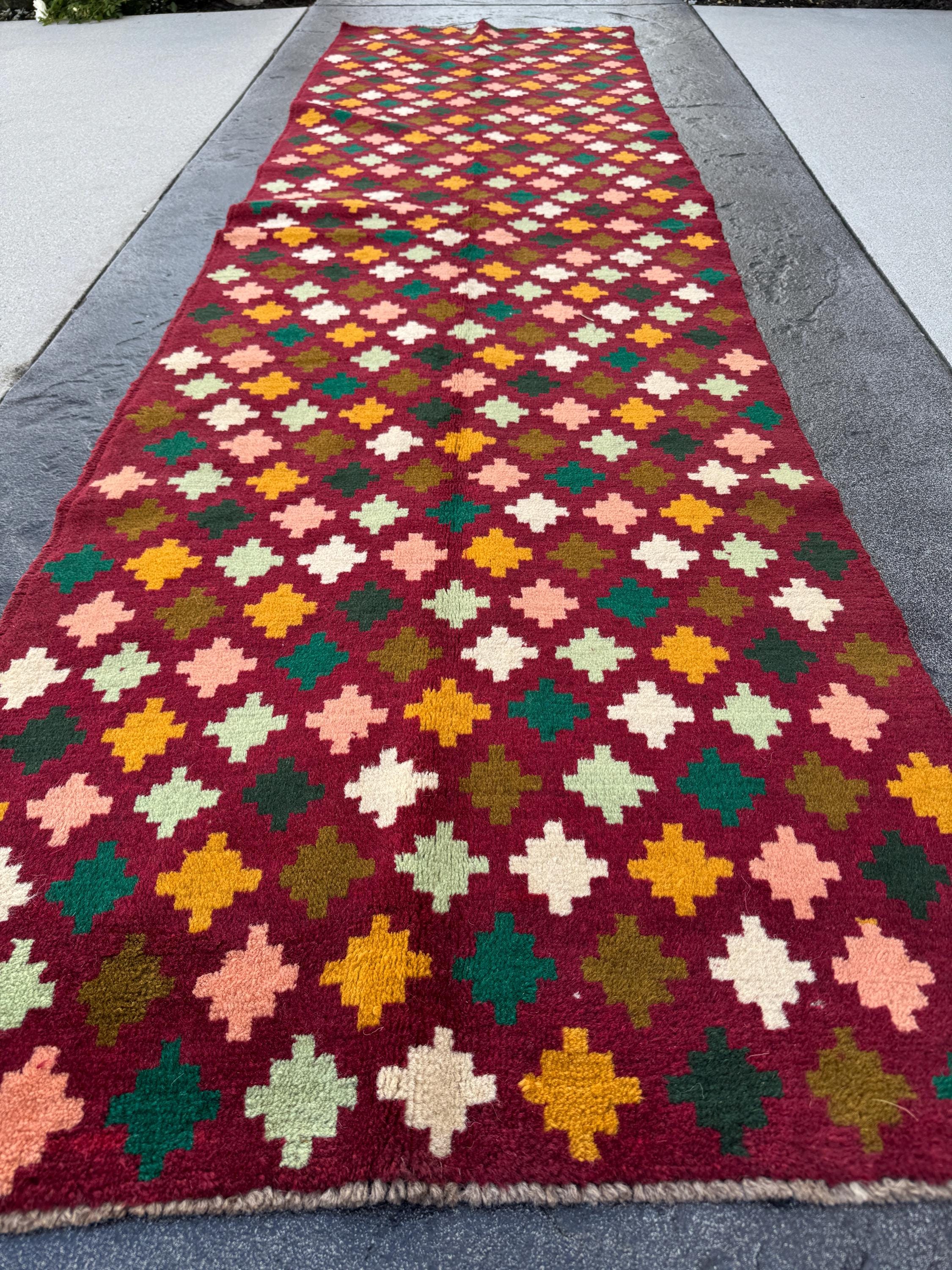 3x10 Handmade Vintage Afghan Baluch Runner Rug | Brick Red Chocolate Brown Cream White Mint Forest Pine Green Mustard Gold Yellow Salmon