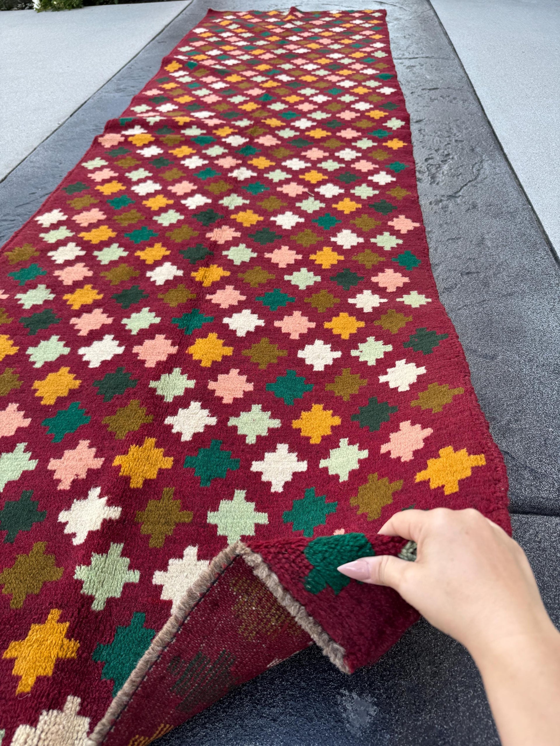 3x10 Handmade Vintage Afghan Baluch Runner Rug | Brick Red Chocolate Brown Cream White Mint Forest Pine Green Mustard Gold Yellow Salmon