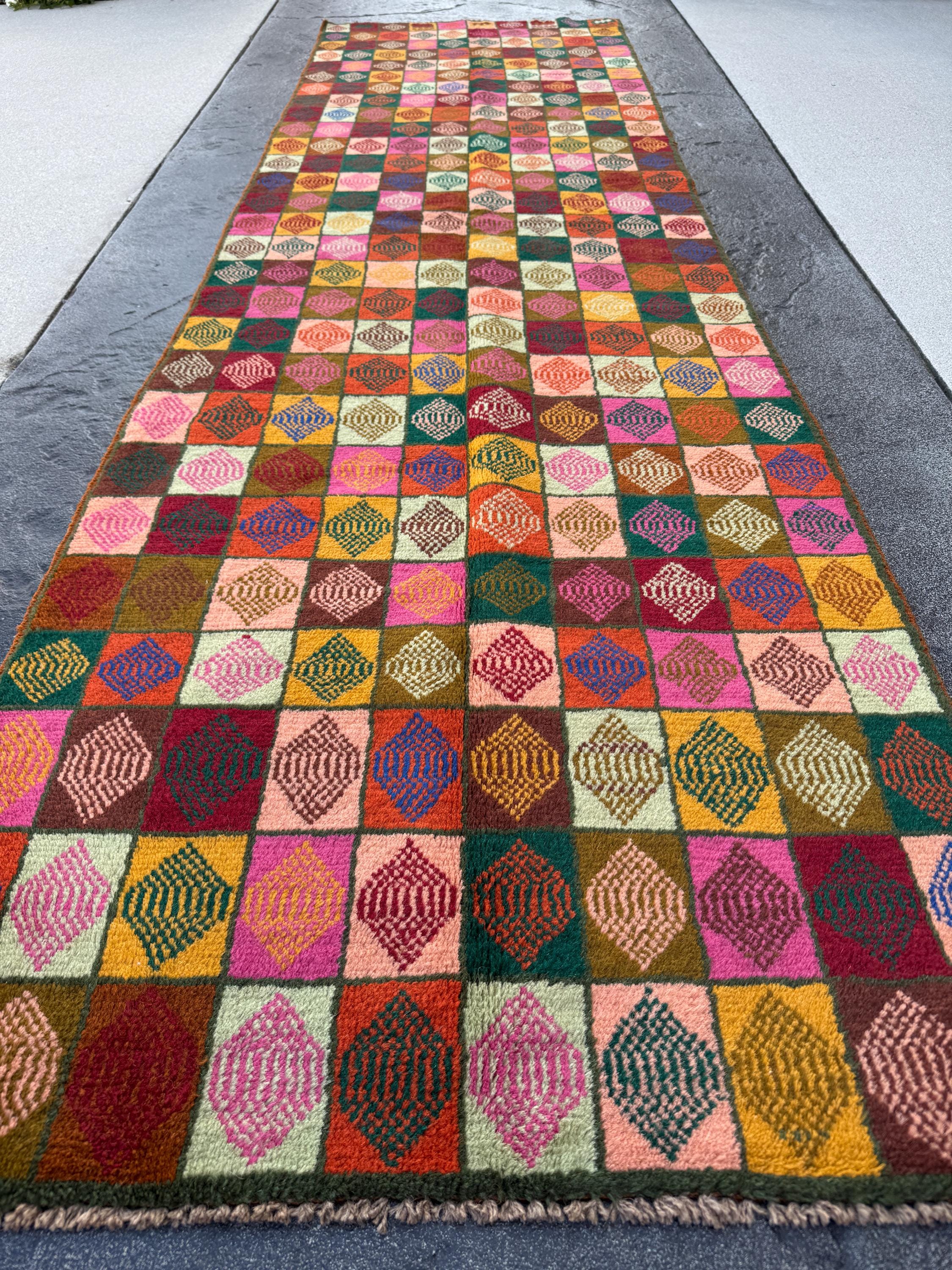 3x10 Handmade Vintage Afghan Baluch Runner Rug | Forest Pine Green Rose Salmon Pink Copper Chocolate Brown Brick Red Burnt Orange Mustard