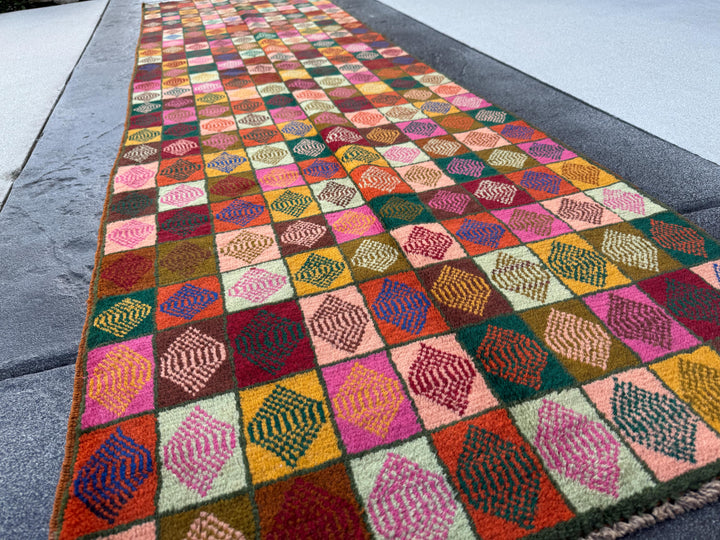 3x10 Handmade Vintage Afghan Baluch Runner Rug | Forest Pine Green Rose Salmon Pink Copper Chocolate Brown Brick Red Burnt Orange Mustard