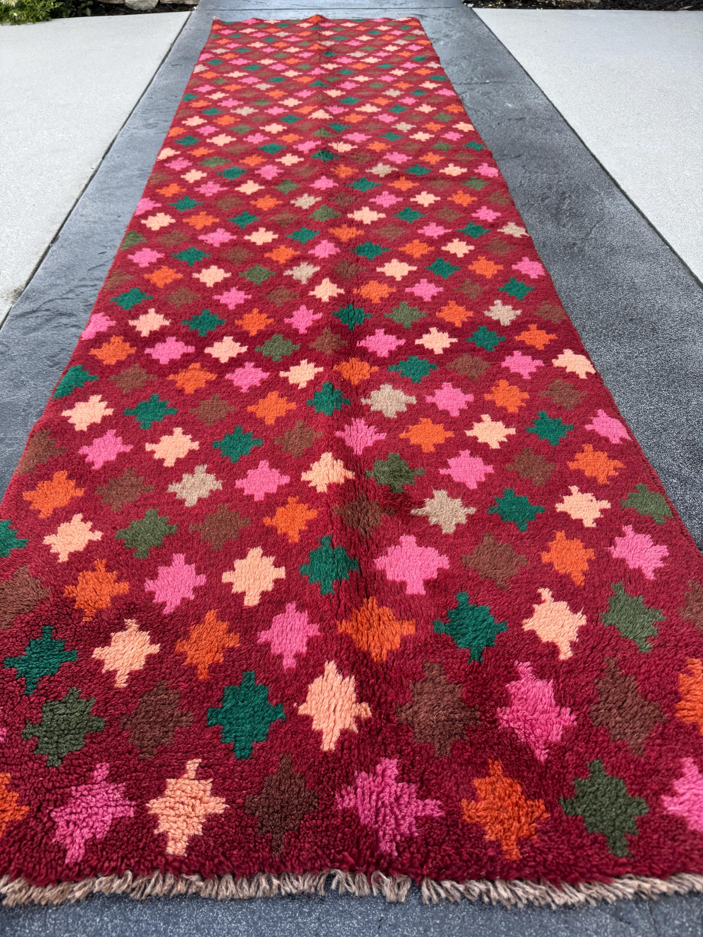 3x10 (90x305) Handmade Vintage Afghan Baluch Runner Rug | Brick Red Burnt Orange Rose Salmon Pink Chocolate Brown Grey Forest Moss Green