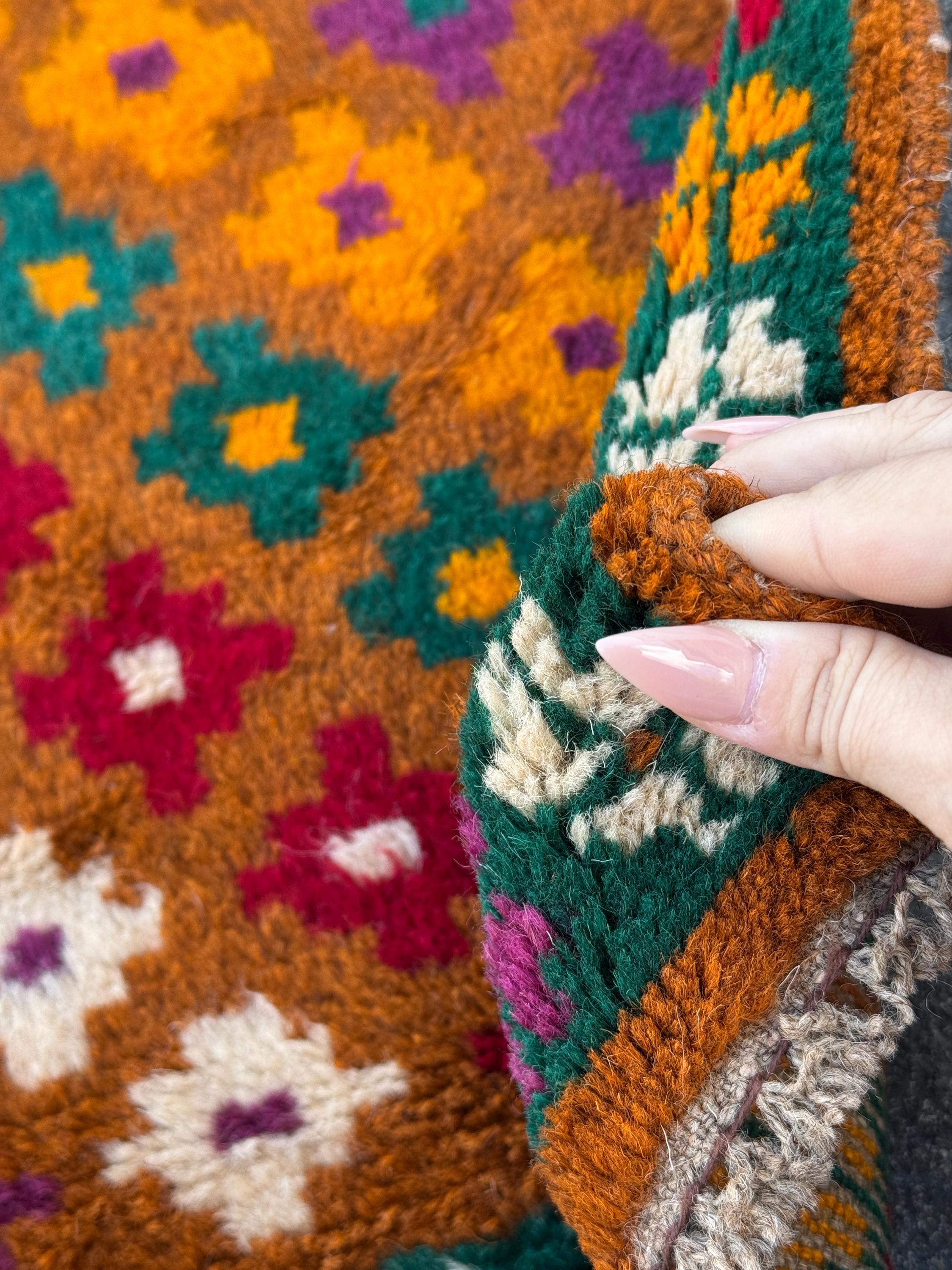 3x10 (90x305) Handmade Vintage Afghan Baluch Runner Rug | Copper Brown Burnt Orange Brick Red Cream White Forest Green Eggplant Purple