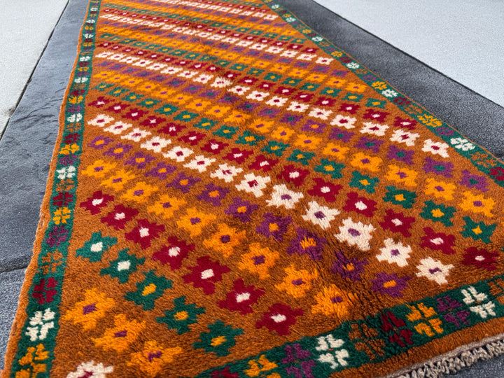 3x10 (90x305) Handmade Vintage Afghan Baluch Runner Rug | Copper Brown Burnt Orange Brick Red Cream White Forest Green Eggplant Purple