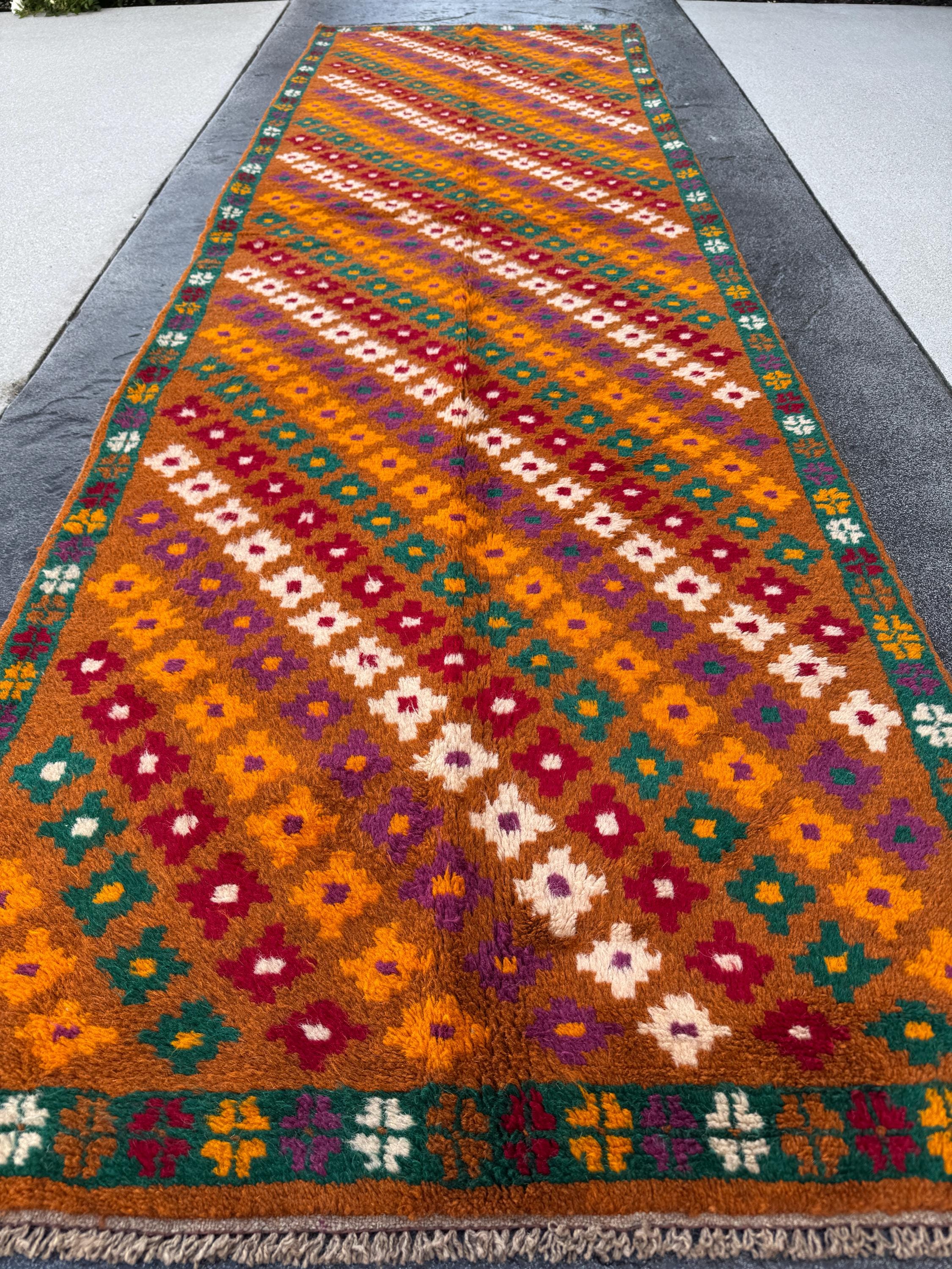 3x10 (90x305) Handmade Vintage Afghan Baluch Runner Rug | Copper Brown Burnt Orange Brick Red Cream White Forest Green Eggplant Purple