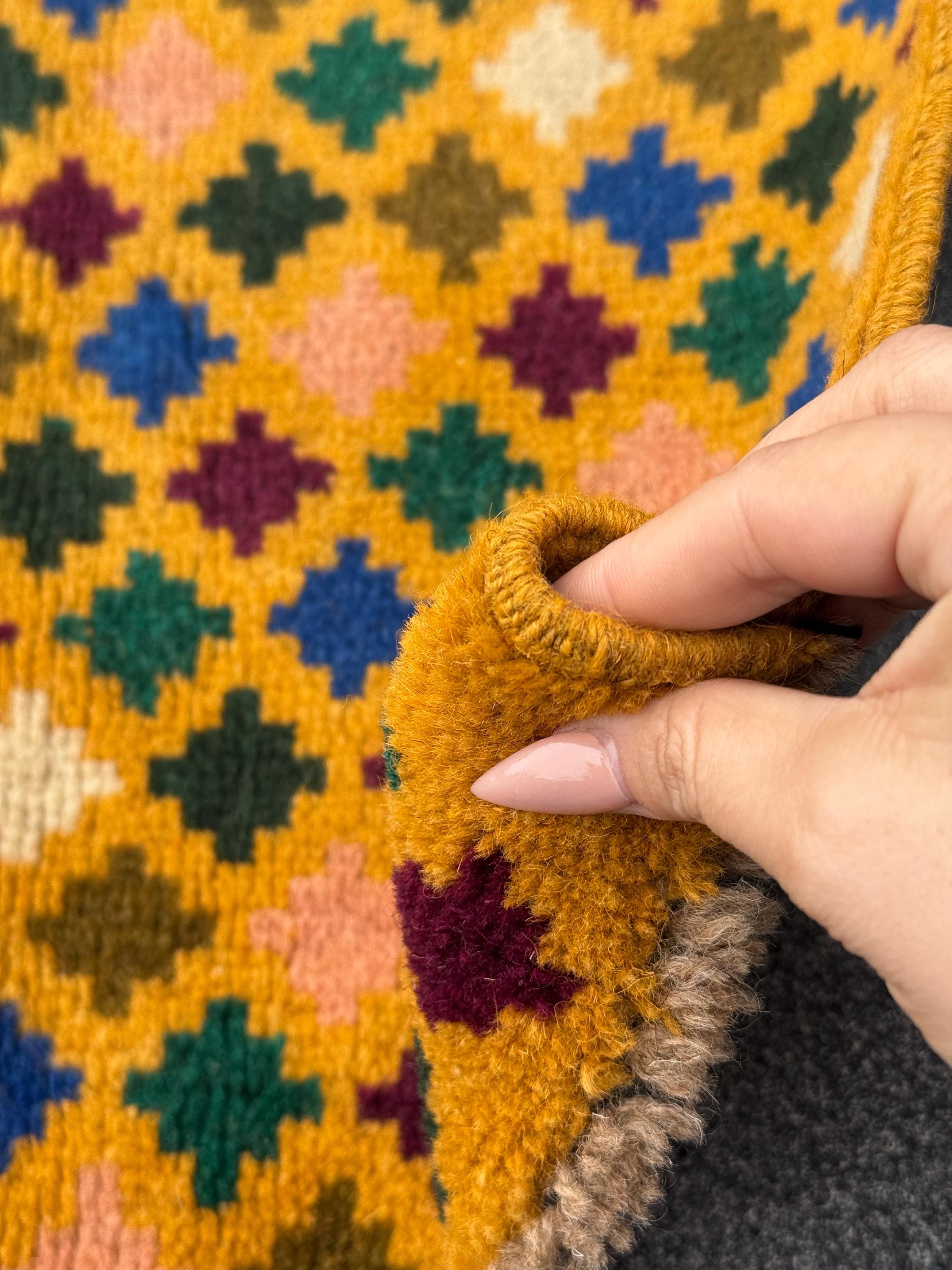 2x3 Handmade Vintage Afghan Baluch Rug | Mustard Yellow Cream Salmon Pink Peach Brick Red Forest Olive Green Copper Brown Blue | Flatwoven