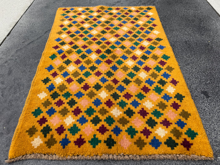 2x3 Handmade Vintage Afghan Baluch Rug | Mustard Yellow Cream Salmon Pink Peach Brick Red Forest Olive Green Copper Brown Blue | Flatwoven