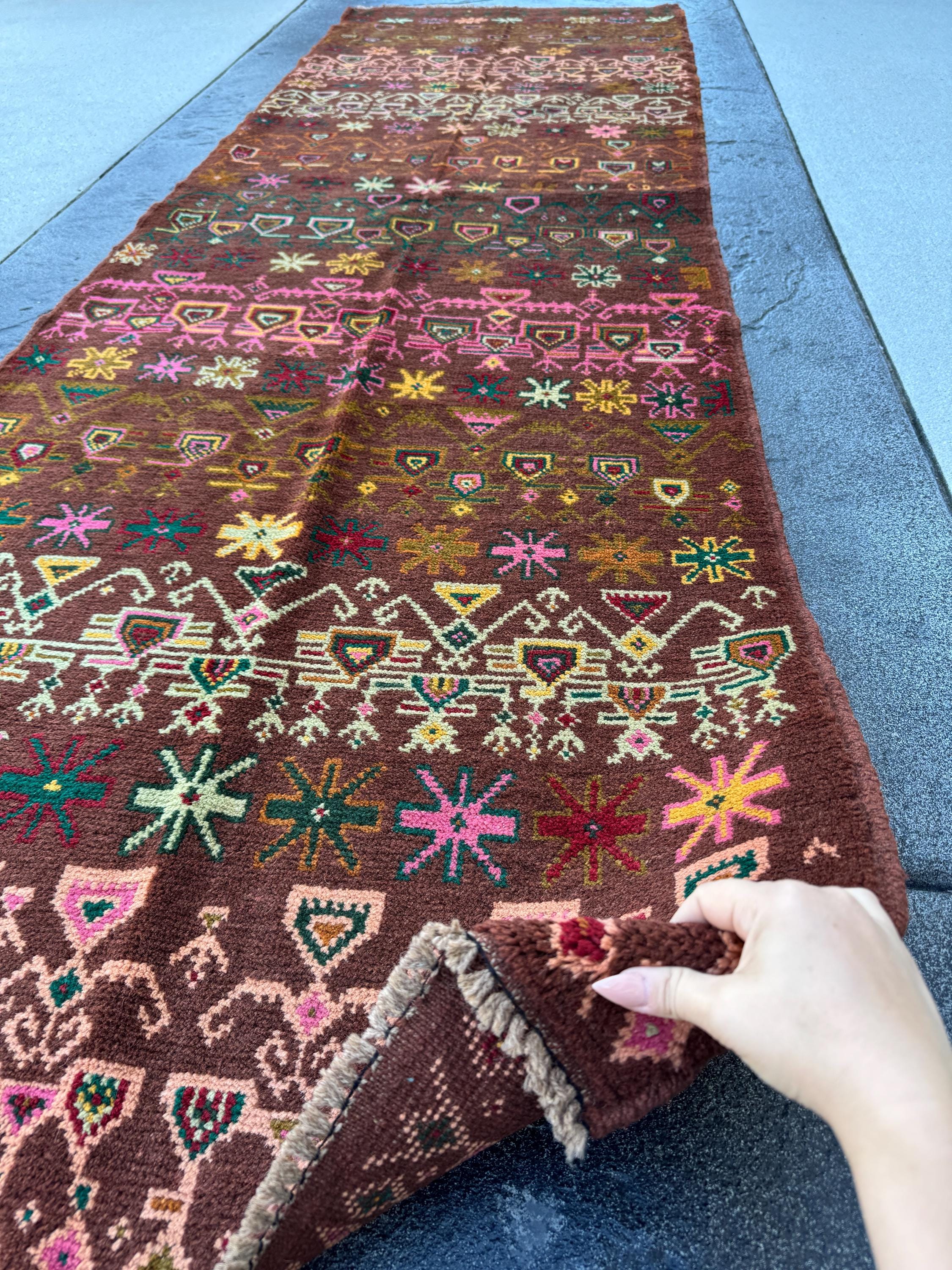 3x10 Handmade Afghan Runner | Chocolate Brown Pine Green Cream White Rose Salmon Pink Brick Red Yellow Orange Beige Mustard Taupe Copper