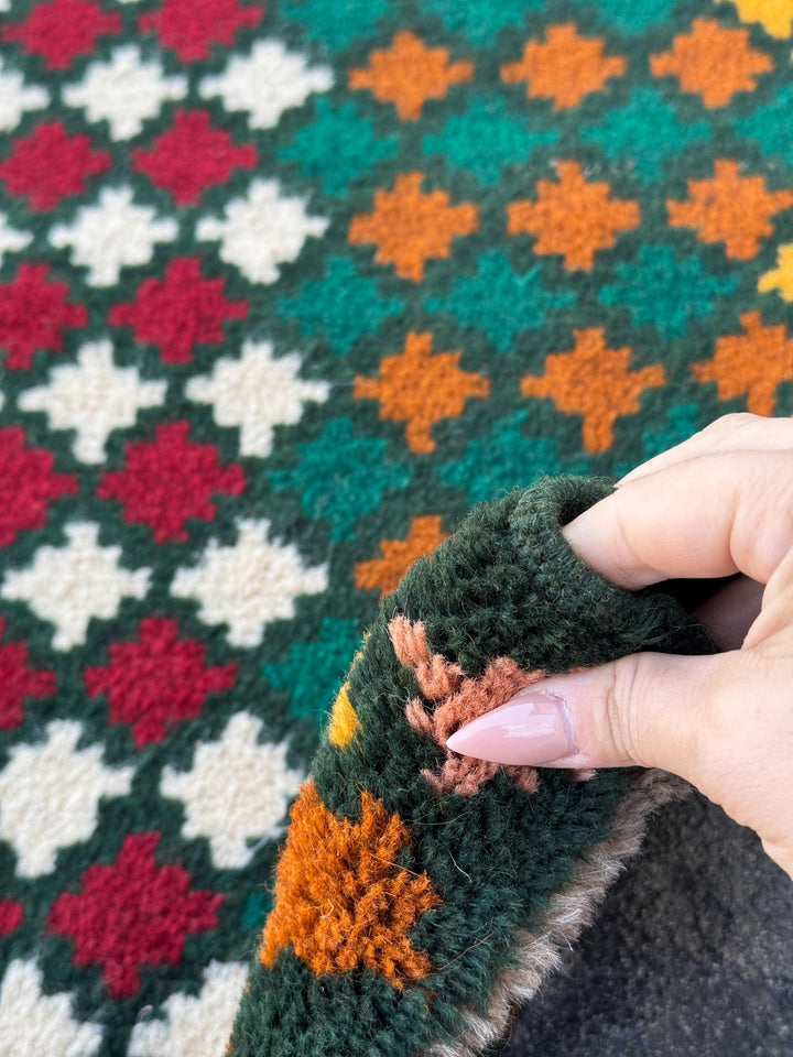 3x10 Handmade Vintage Afghan Baluch Runner Rug | Pine Forest Green Navy Blue Cream White Copper Taupe Salmon Pink Brick Red | Wool Flatwoven