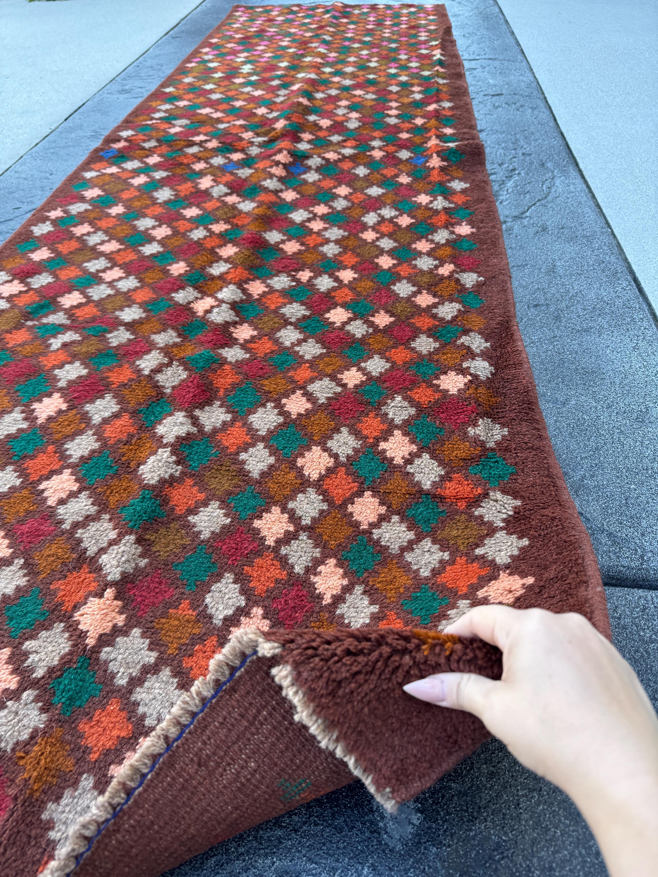 3x10 Handmade Vintage Afghan Baluch Runner Rug | Chocolate Brown Forest G Copper Buuunt Ornge rick Red Grey Salmon Pink | Wool Flatwoven