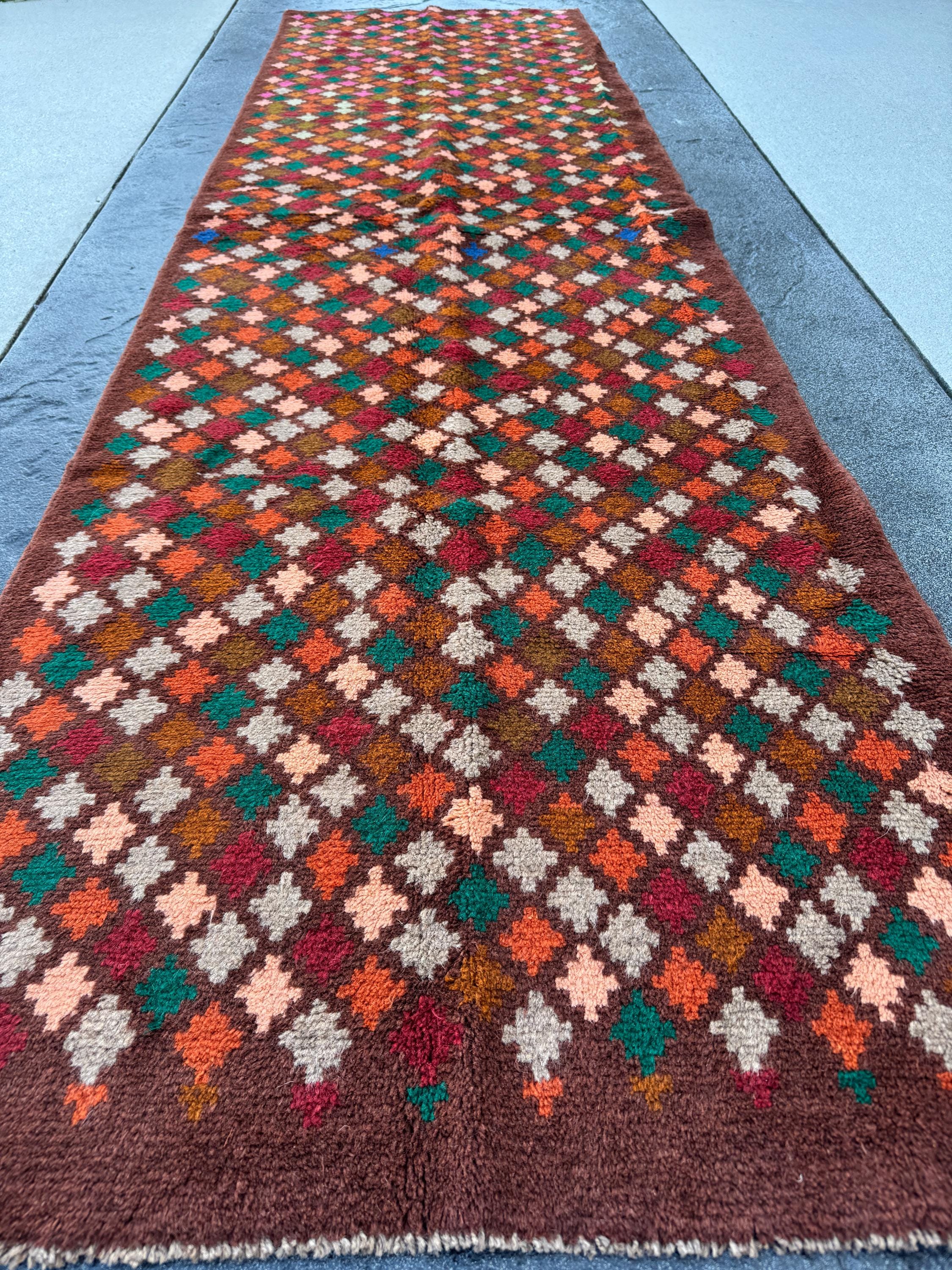 3x10 Handmade Vintage Afghan Baluch Runner Rug | Chocolate Brown Forest G Copper Buuunt Ornge rick Red Grey Salmon Pink | Wool Flatwoven