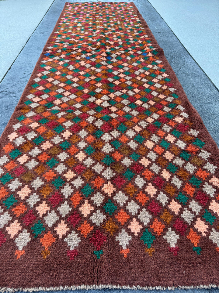 3x10 Handmade Vintage Afghan Baluch Runner Rug | Chocolate Brown Forest G Copper Buuunt Ornge rick Red Grey Salmon Pink | Wool Flatwoven