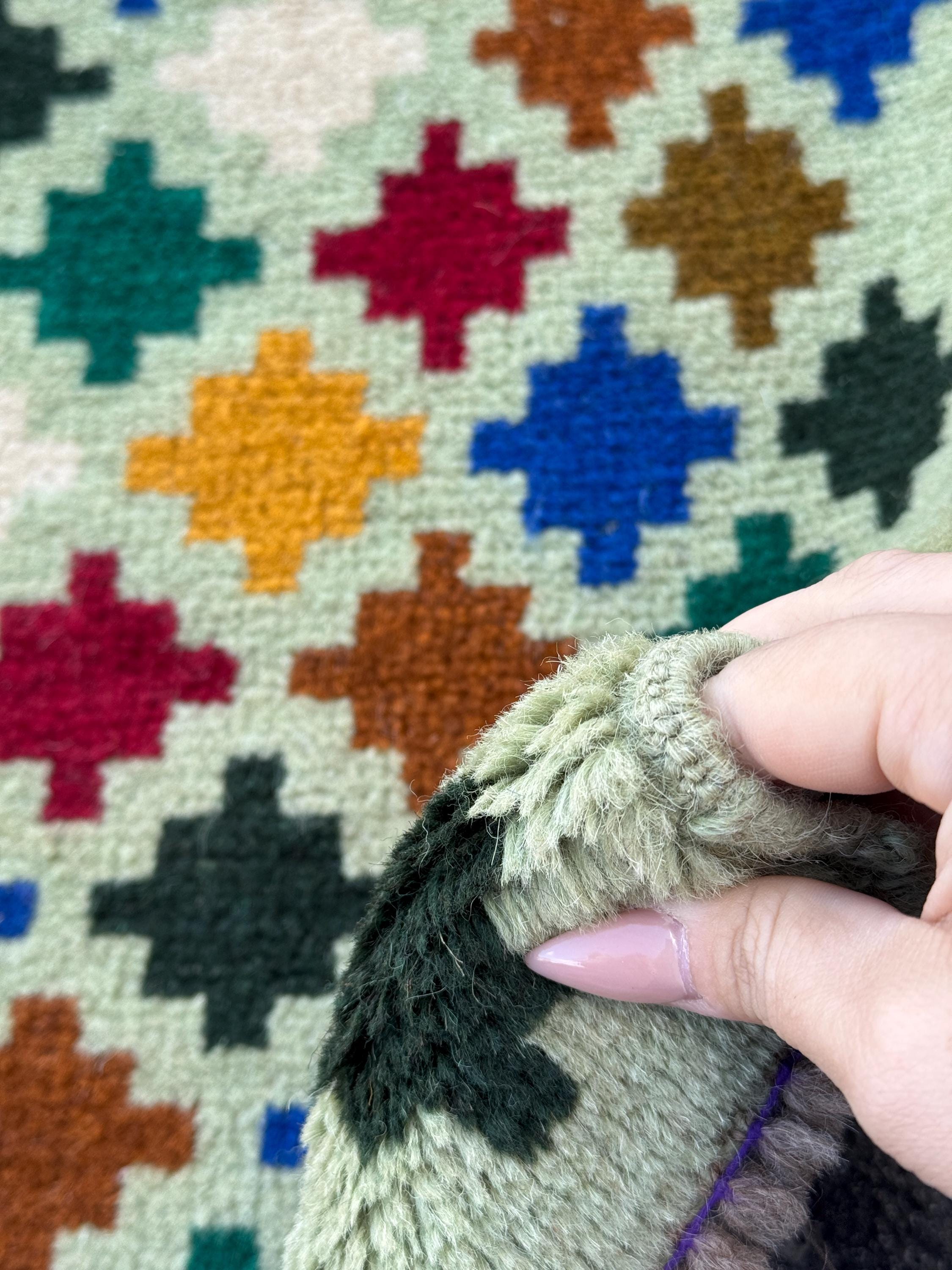 3x10 Handmade Vintage Afghan Baluch Runner Rug | Mint Forest Green Brick Red Copper Brown Cream White Mustard Yellow Blue Black | Flatwoven