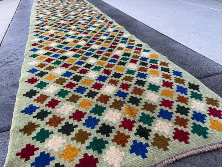3x10 Handmade Vintage Afghan Baluch Runner Rug | Mint Forest Green Brick Red Copper Brown Cream White Mustard Yellow Blue Black | Flatwoven