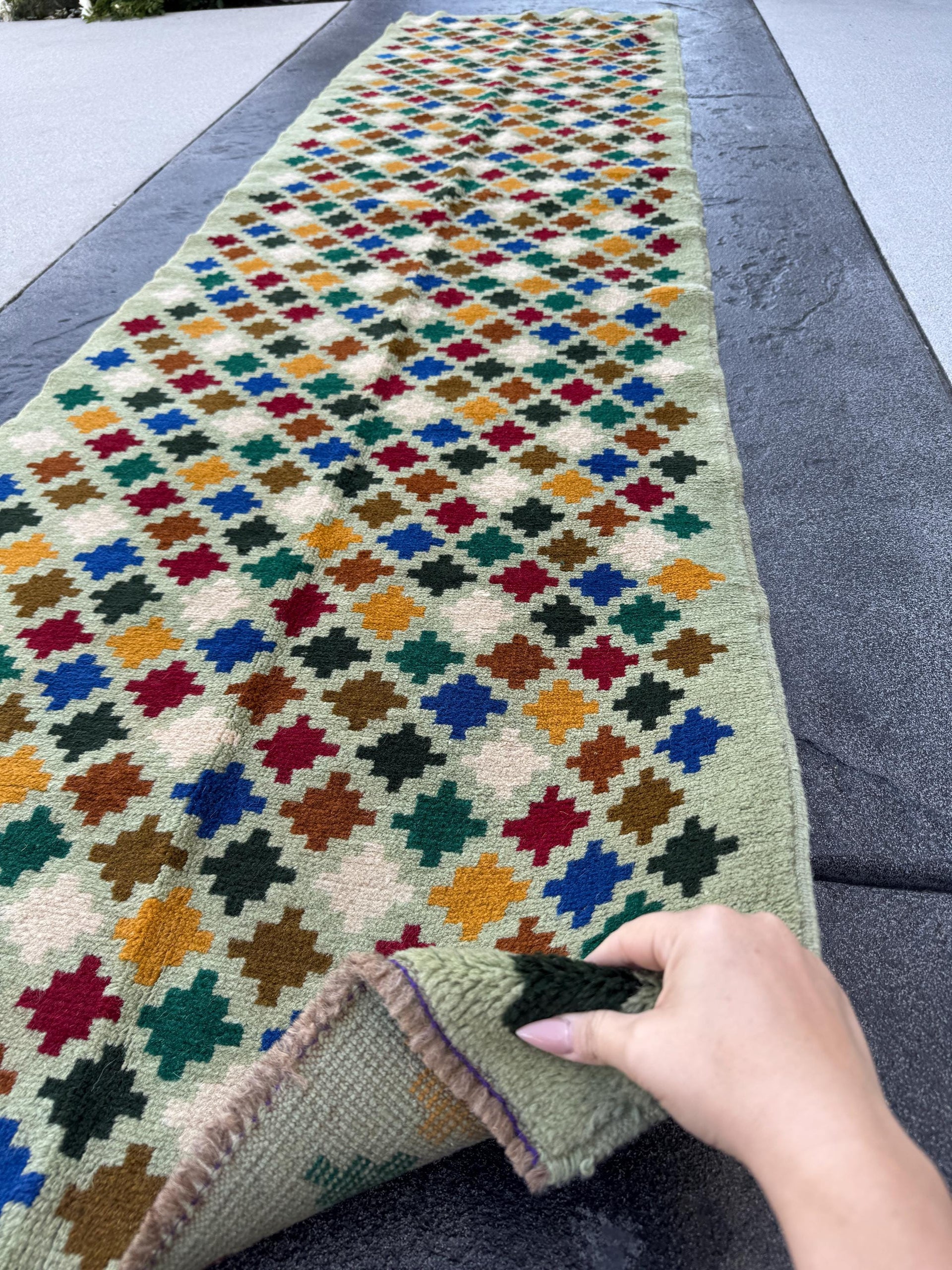 3x10 Handmade Vintage Afghan Baluch Runner Rug | Mint Forest Green Brick Red Copper Brown Cream White Mustard Yellow Blue Black | Flatwoven