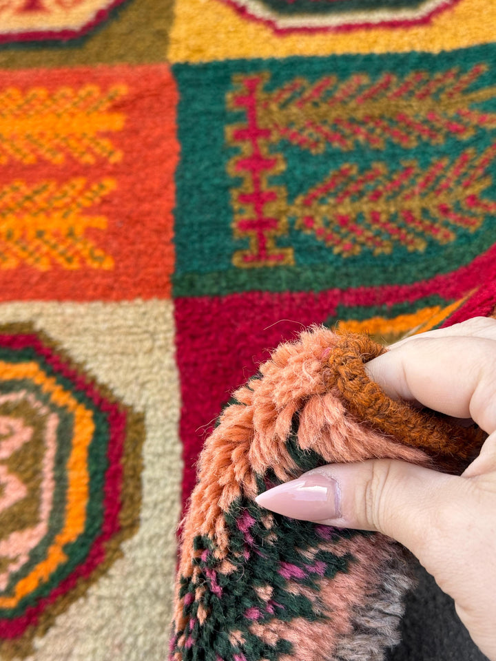 3x9 (90x275) Handmade Vintage Afghan Baluch Runner Rug | Forest Green Rose Salmon Pink Burnt Orange Cream Beige Chocolate Blood Brick Red