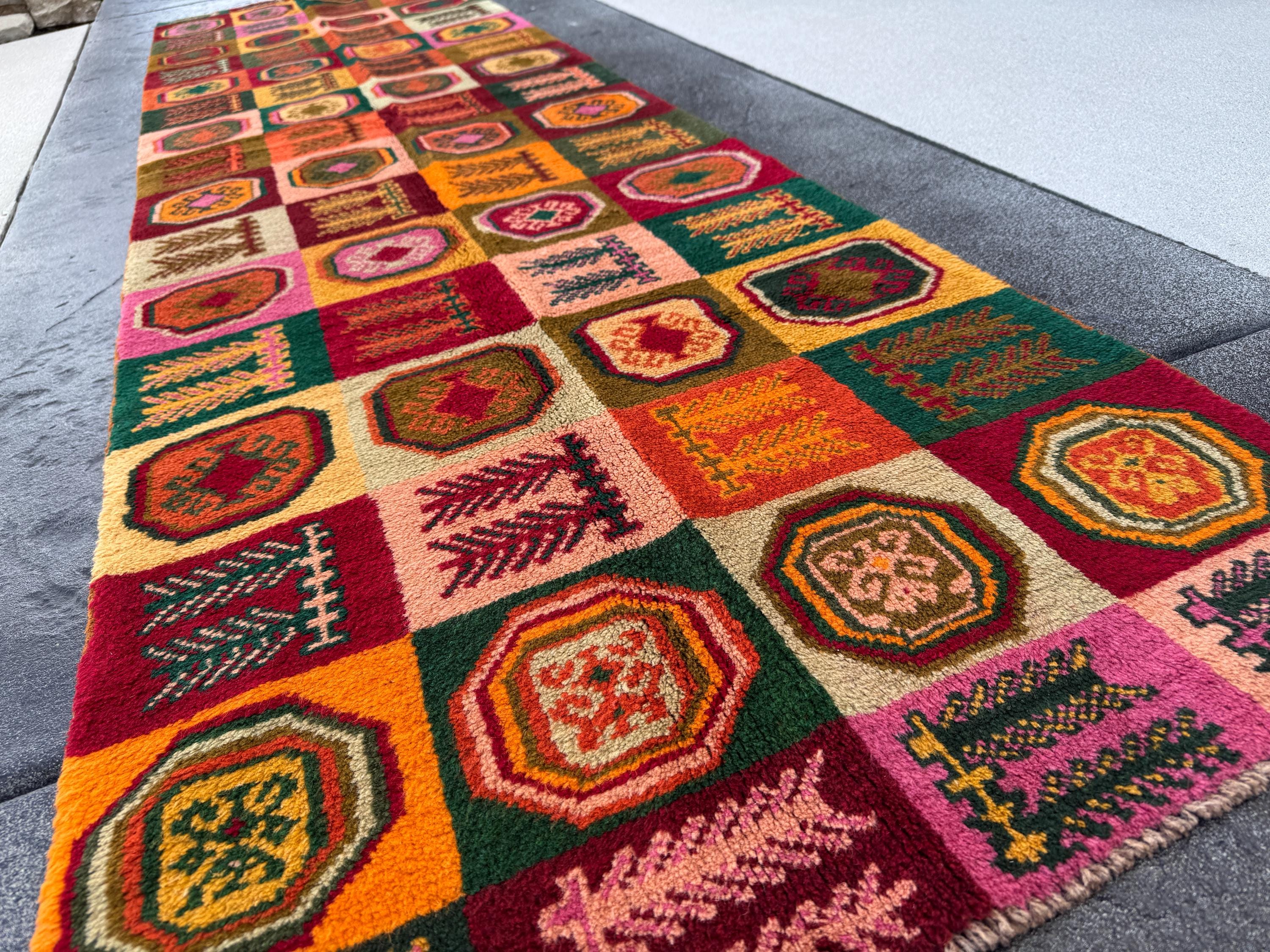 3x9 (90x275) Handmade Vintage Afghan Baluch Runner Rug | Forest Green Rose Salmon Pink Burnt Orange Cream Beige Chocolate Blood Brick Red