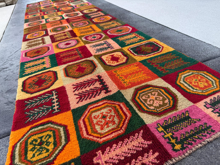 3x9 (90x275) Handmade Vintage Afghan Baluch Runner Rug | Forest Green Rose Salmon Pink Burnt Orange Cream Beige Chocolate Blood Brick Red