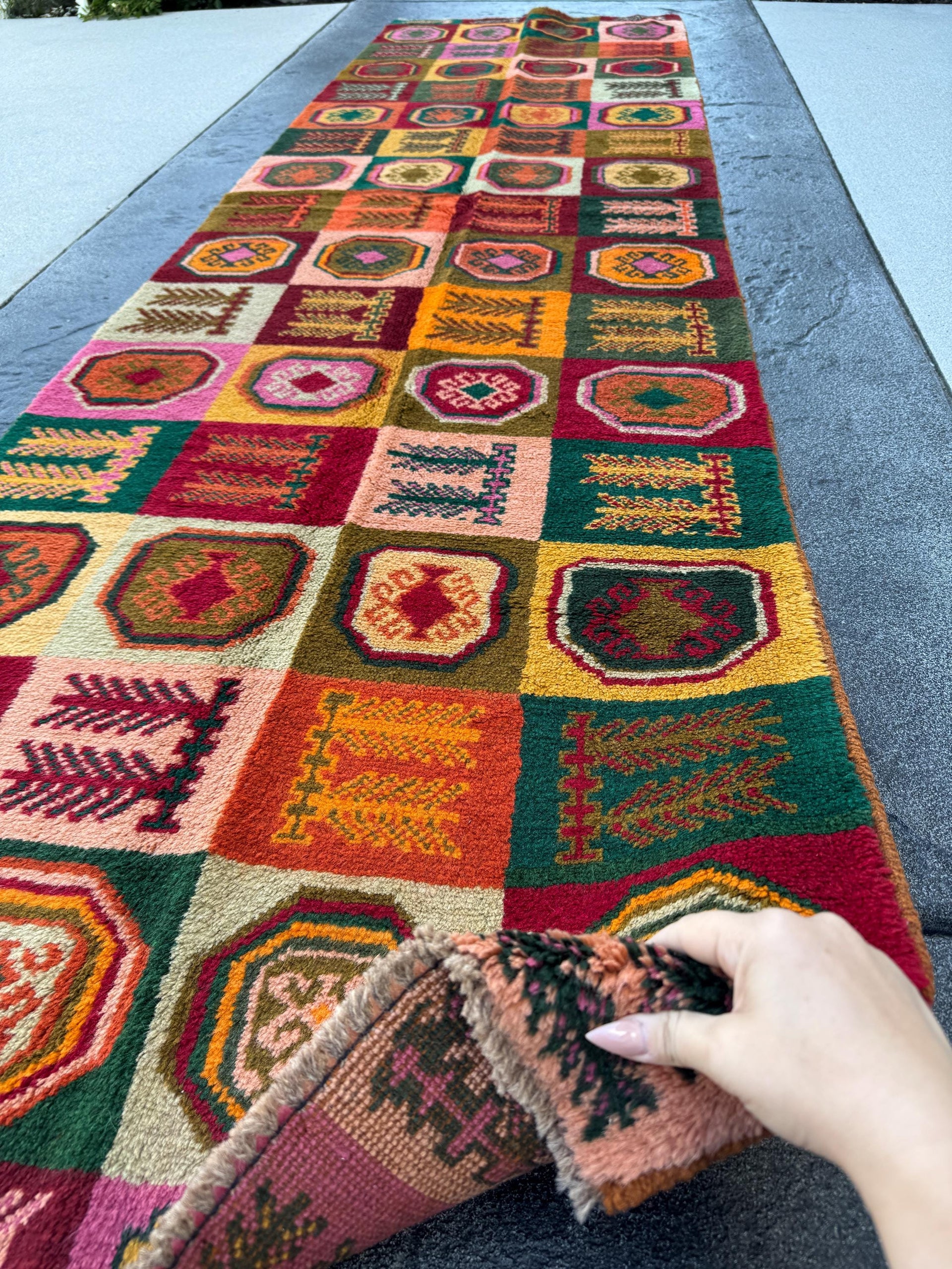 3x9 (90x275) Handmade Vintage Afghan Baluch Runner Rug | Forest Green Rose Salmon Pink Burnt Orange Cream Beige Chocolate Blood Brick Red