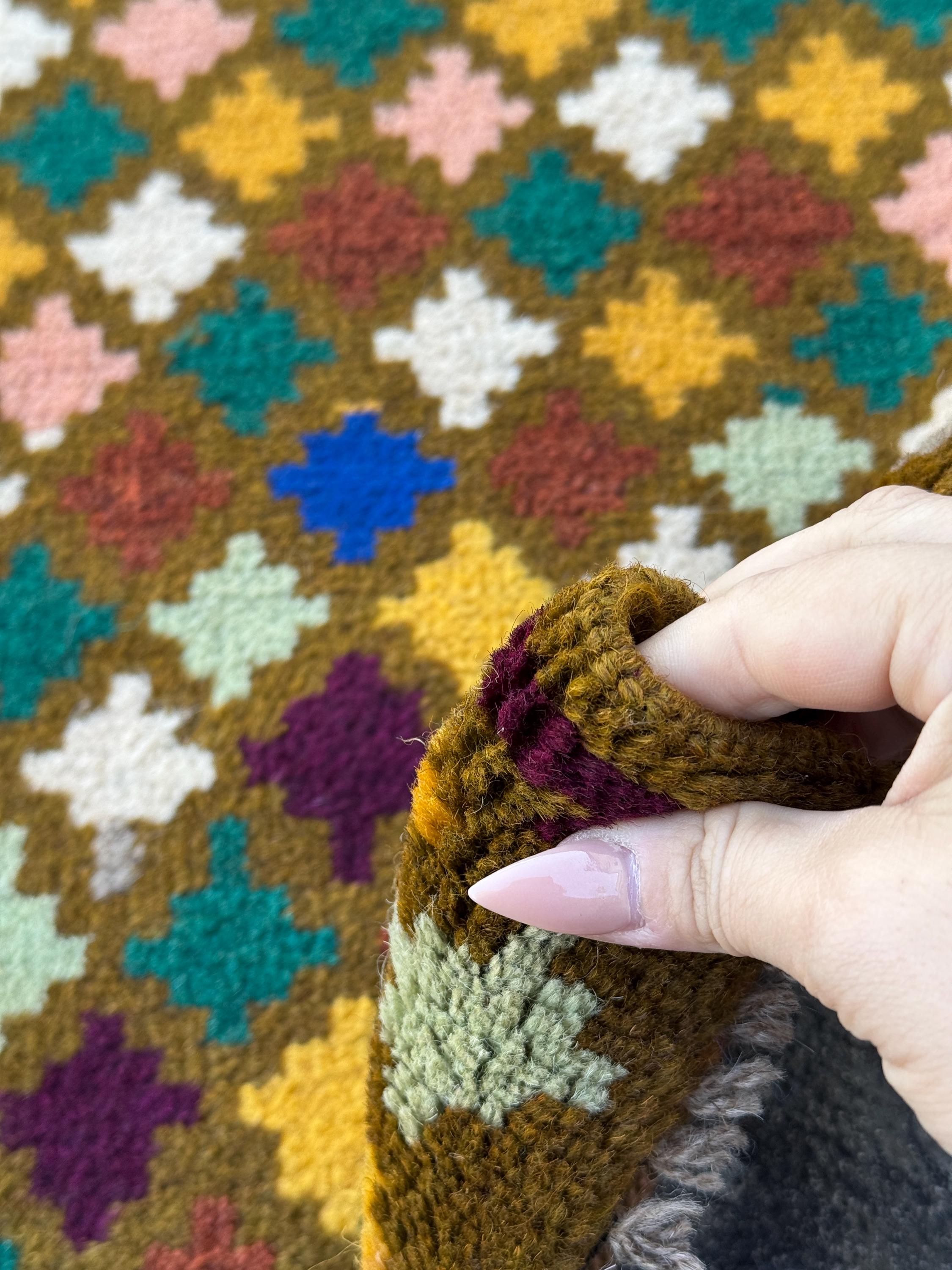 3x10 Handmade Vintage Afghan Baluch Runner Rug | Moss Forest Mint Green Blue Cream White Chocolate Brown Salmon Pink Mustard Burnt Orange