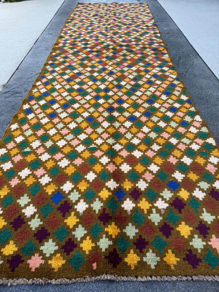 3x10 Handmade Vintage Afghan Baluch Runner Rug | Moss Forest Mint Green Blue Cream White Chocolate Brown Salmon Pink Mustard Burnt Orange