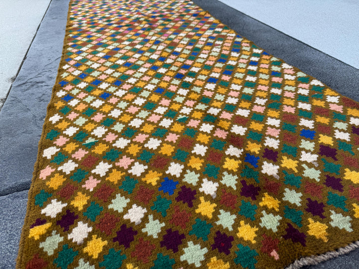 3x10 Handmade Vintage Afghan Baluch Runner Rug | Moss Forest Mint Green Blue Cream White Chocolate Brown Salmon Pink Mustard Burnt Orange