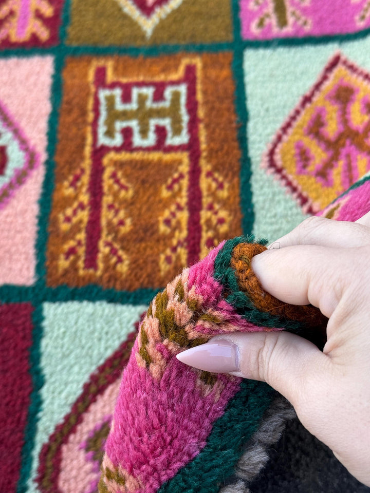 3x10 Handmade Vintage Afghan Baluch Runner Rug | Forest Mint Green Rose Salmon Pink Chocolate Brown Brick Red Mustard Gold Burnt Orange