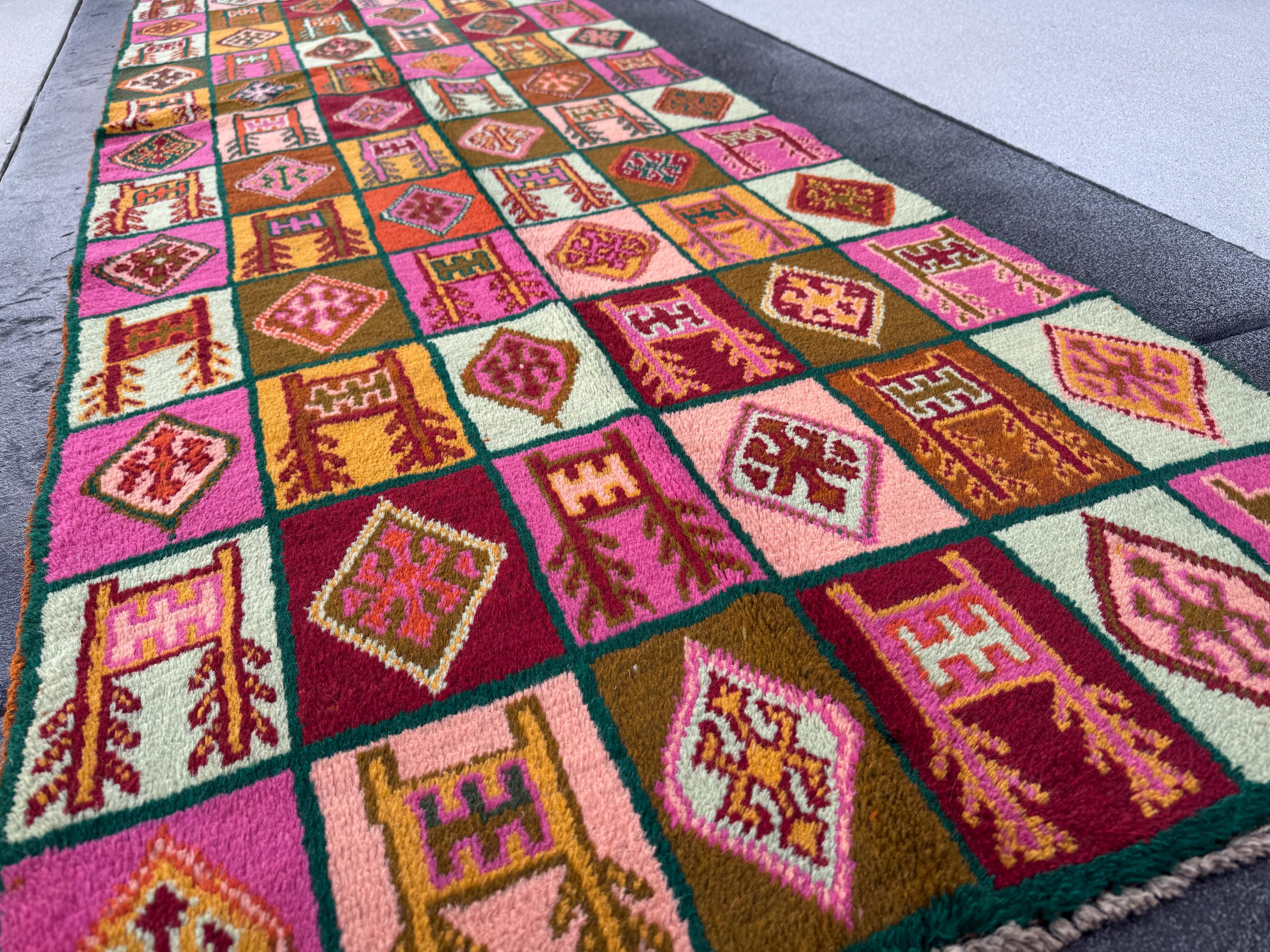 3x10 Handmade Vintage Afghan Baluch Runner Rug | Forest Mint Green Rose Salmon Pink Chocolate Brown Brick Red Mustard Gold Burnt Orange