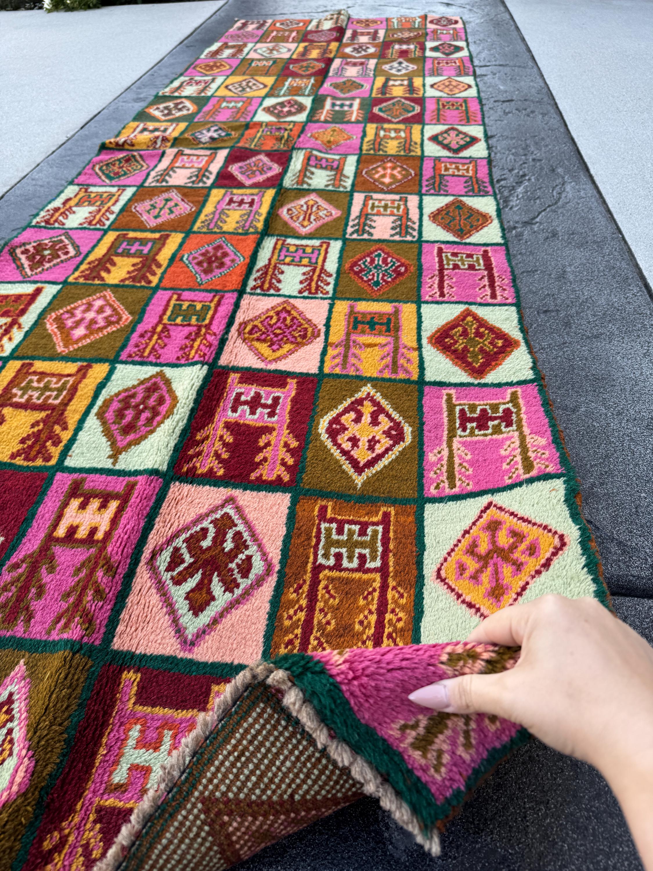 3x10 Handmade Vintage Afghan Baluch Runner Rug | Forest Mint Green Rose Salmon Pink Chocolate Brown Brick Red Mustard Gold Burnt Orange