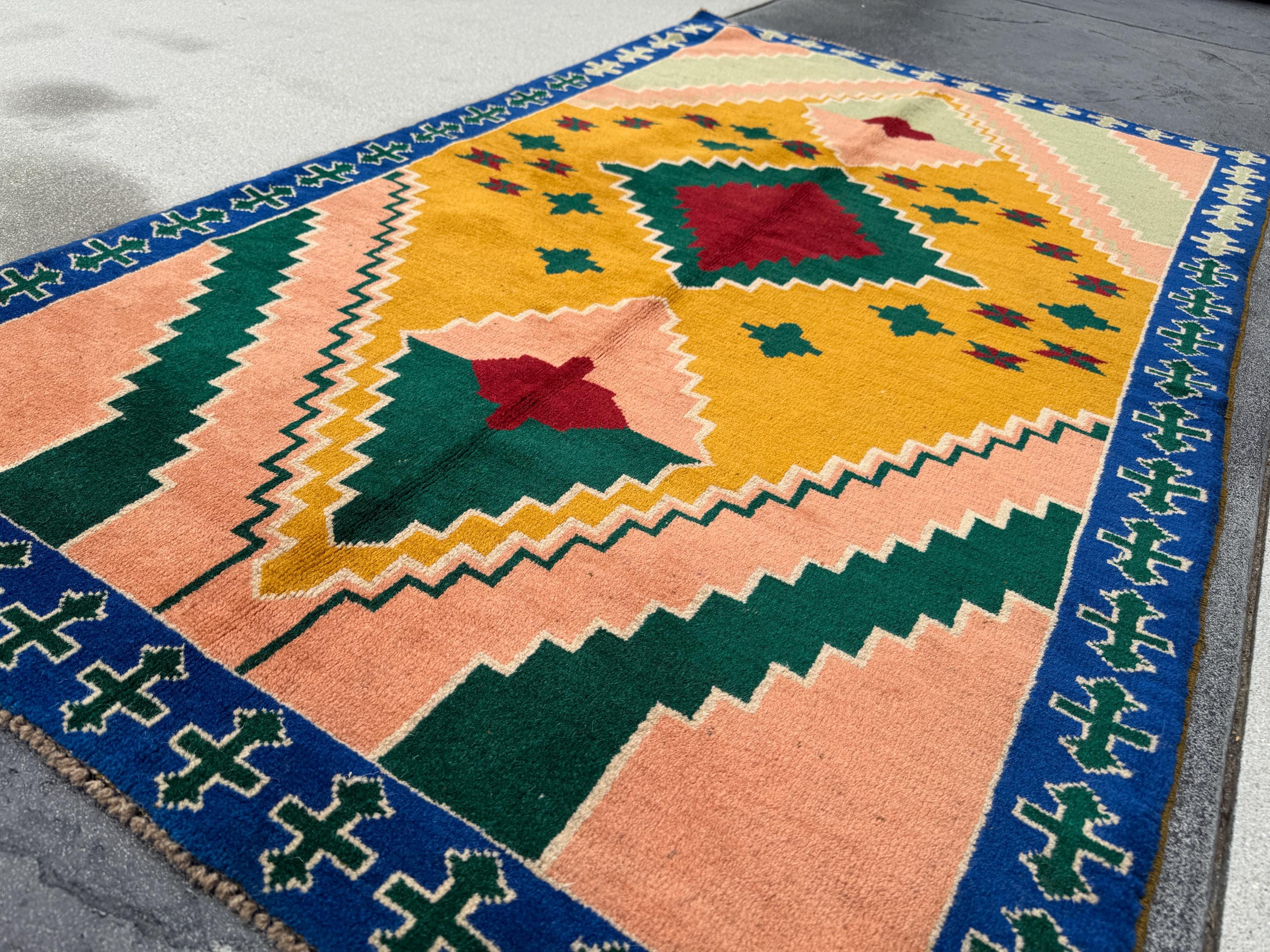 4x6 Handmade Vintage Afghan Baluch Rug | Forest Mint Green Mustard Yellow Navy Blue Peach Cream White Brick Red | Wool Flatwoven