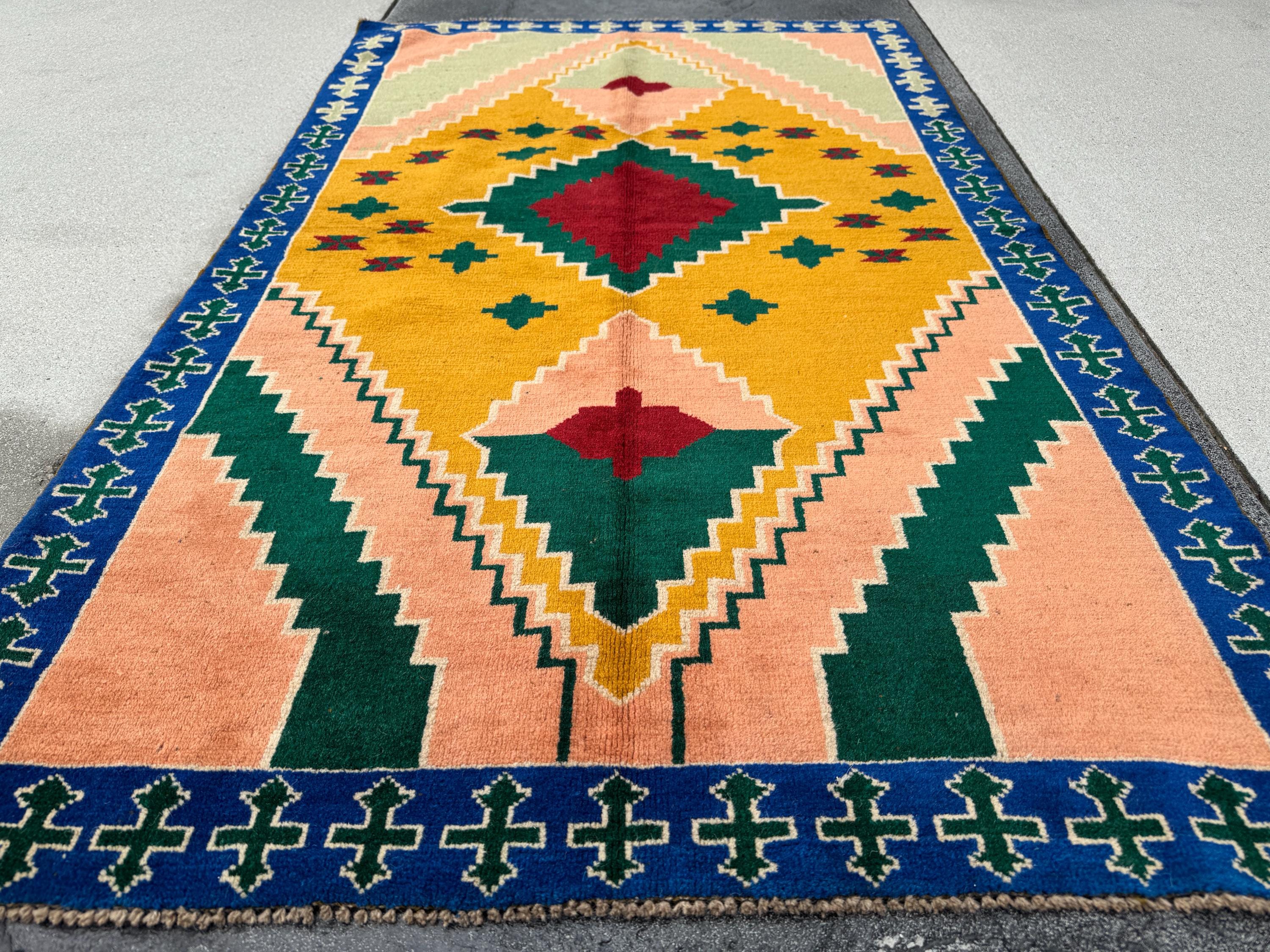 4x6 Handmade Vintage Afghan Baluch Rug | Forest Mint Green Mustard Yellow Navy Blue Peach Cream White Brick Red | Wool Flatwoven