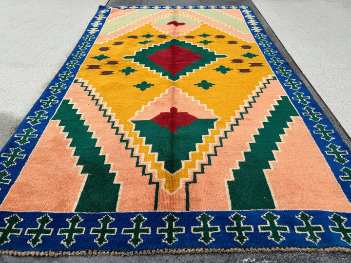 4x6 Handmade Vintage Afghan Baluch Rug | Forest Mint Green Mustard Yellow Navy Blue Peach Cream White Brick Red | Wool Flatwoven
