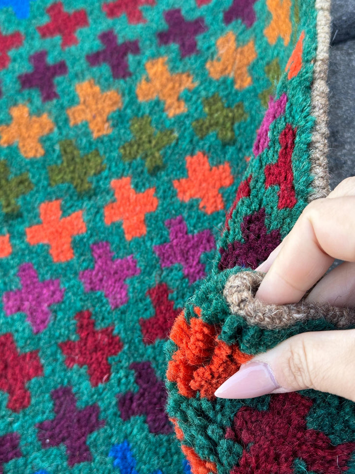 3x10 Handmade Vintage Afghan Baluch Runner Rug | Forest Olive Green Eggplant Purple Magenta Burnt Orange Brick Red Copper Brown Navy Blue