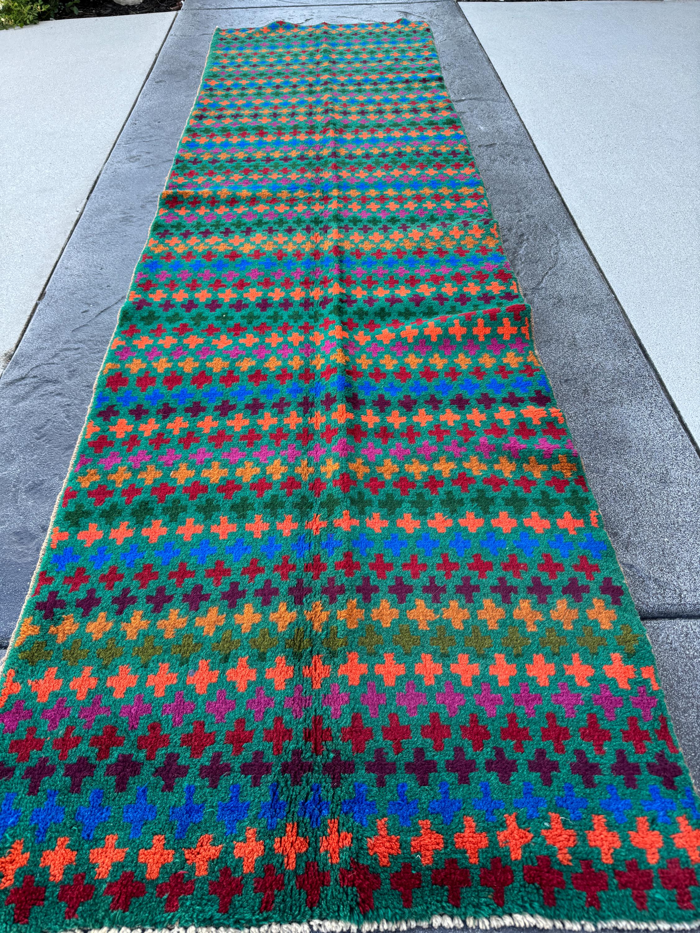 3x10 Handmade Vintage Afghan Baluch Runner Rug | Forest Olive Green Eggplant Purple Magenta Burnt Orange Brick Red Copper Brown Navy Blue
