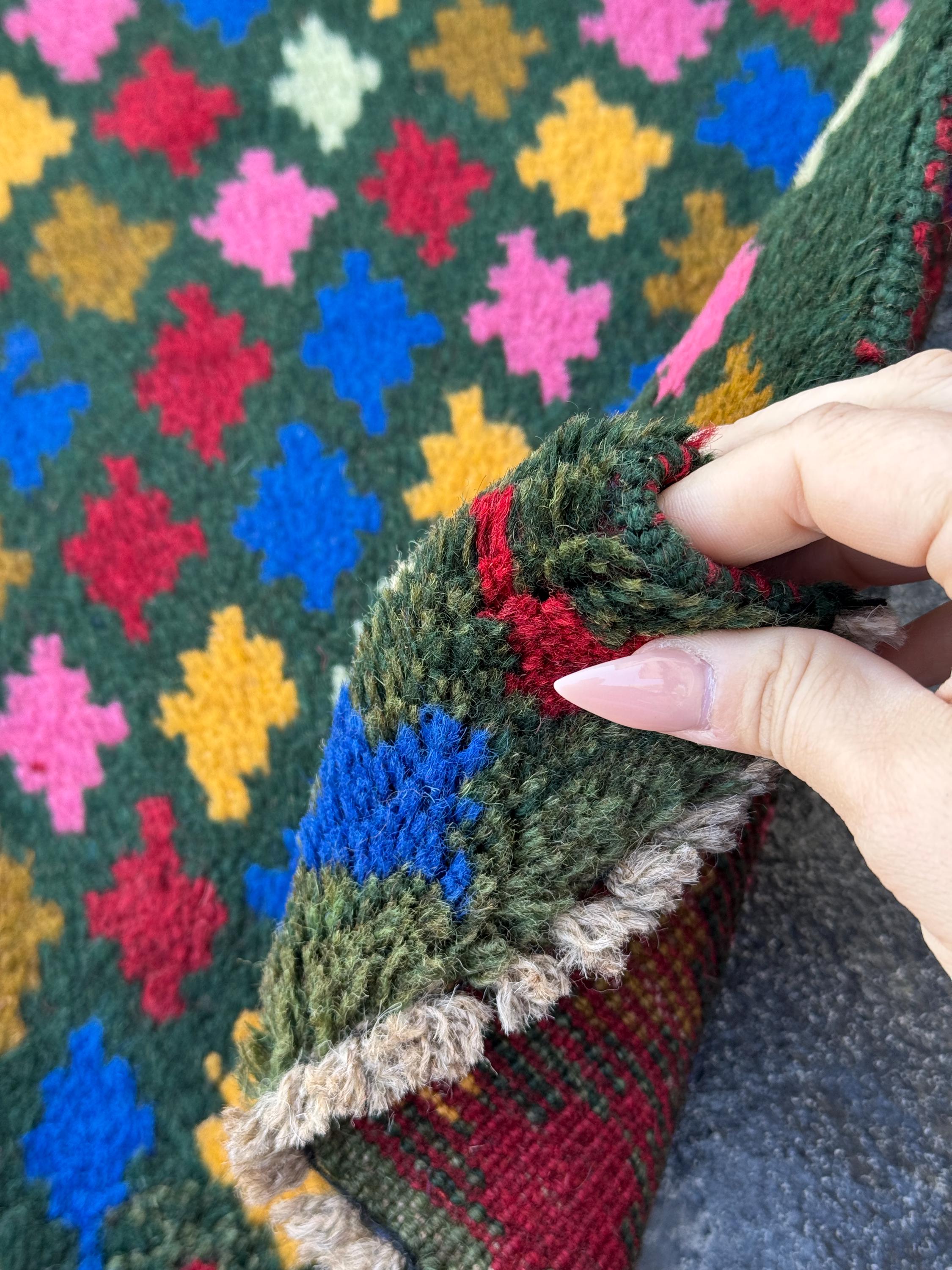 3x10 Handmade Vintage Afghan Baluch Runner Rug | Forest Olive Green Rose Pink Copper Brown Mustard Brick Red Cream White Navy Blue | Wool