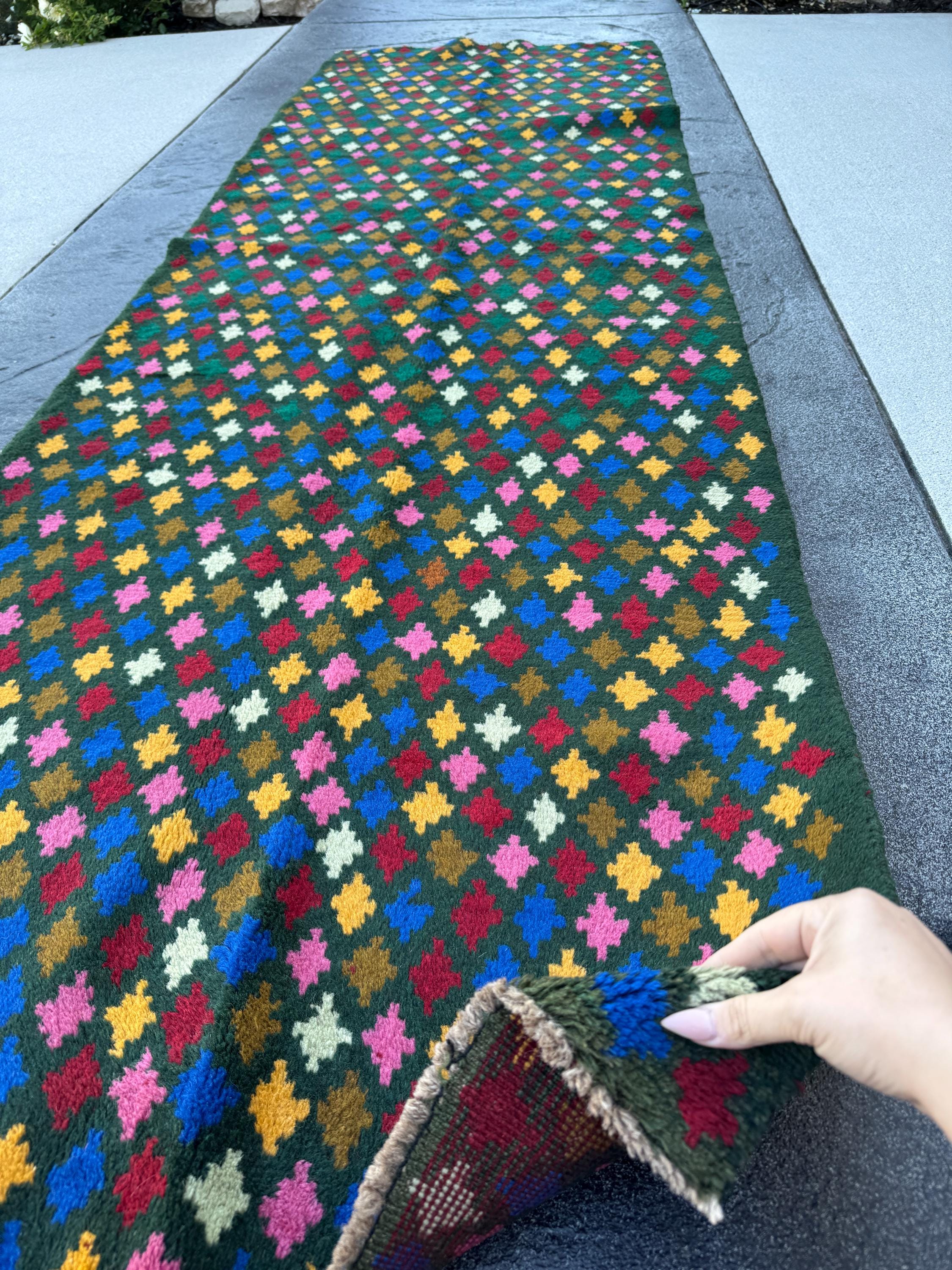 3x10 Handmade Vintage Afghan Baluch Runner Rug | Forest Olive Green Rose Pink Copper Brown Mustard Brick Red Cream White Navy Blue | Wool