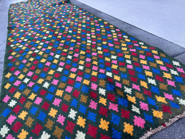 3x10 Handmade Vintage Afghan Baluch Runner Rug | Forest Olive Green Rose Pink Copper Brown Mustard Brick Red Cream White Navy Blue | Wool