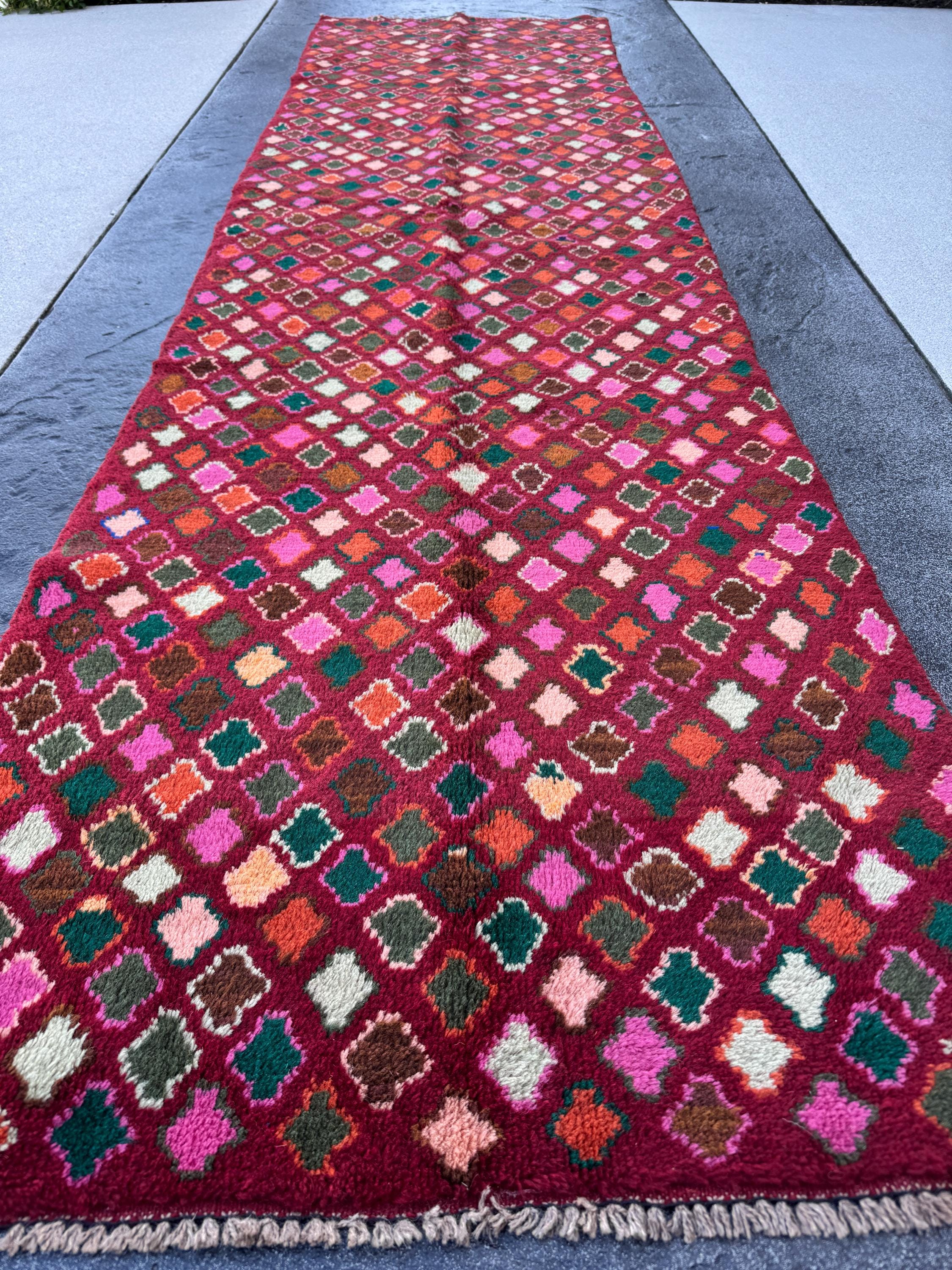 3x10 Handmade Vintage Afghan Baluch Runner Rug | Brick Red Rose Pink Burnt Orange Forest Pine Mint Green Chocolate Copper Brown Peach | Wool