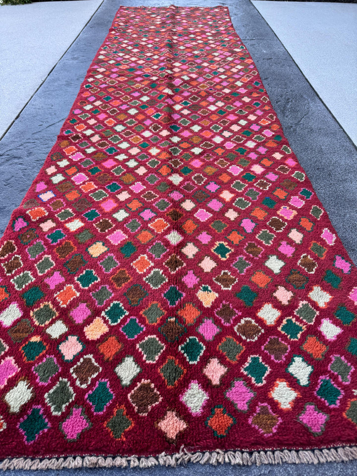 3x10 Handmade Vintage Afghan Baluch Runner Rug | Brick Red Rose Pink Burnt Orange Forest Pine Mint Green Chocolate Copper Brown Peach | Wool