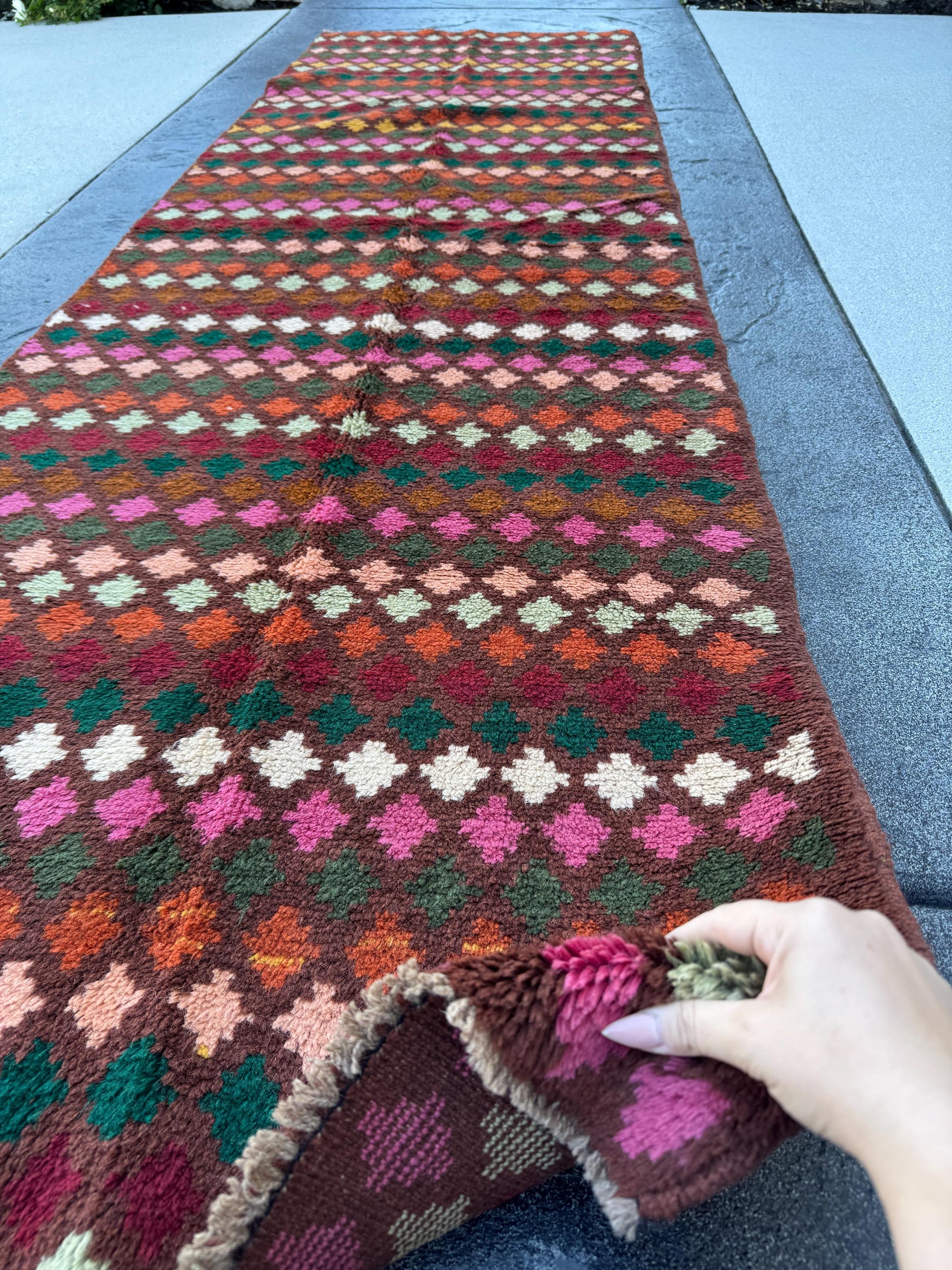 3x10 Handmade Vintage Afghan Baluch Runner Rug | Chocolate Copper Brown Rose Pink Peach Forest Pine Moss Green Brick Red White Burnt Orange