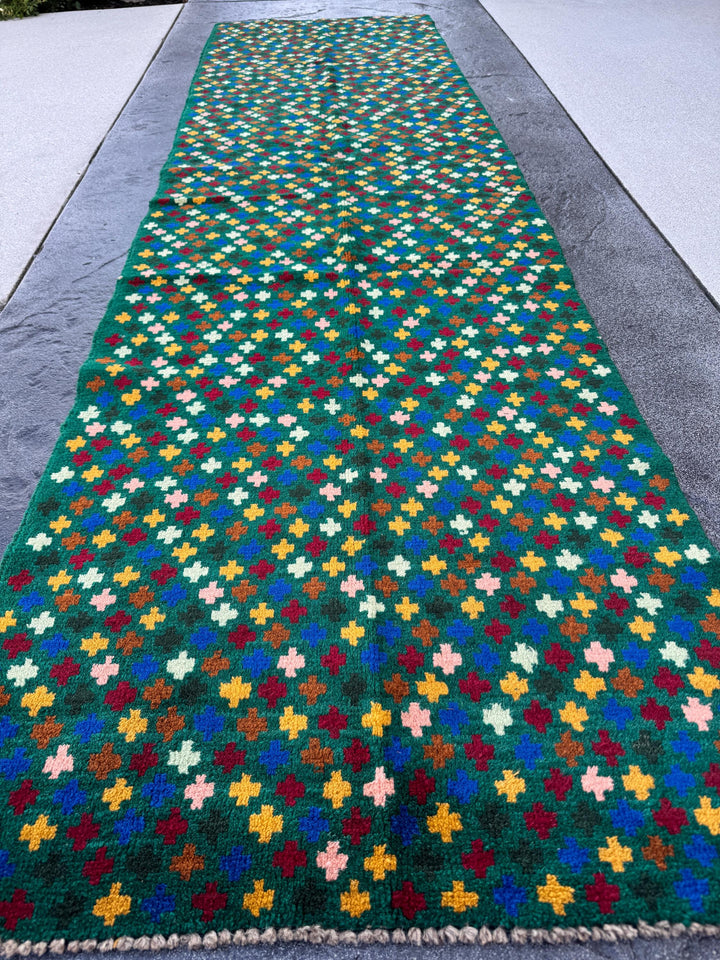 3x10 Handmade Vintage Afghan Baluch Runner Rug | Forest Mint Pine Green Copper Brown Mustard Gold Navy Blue Brick Red Peach | Wool Flatwoven
