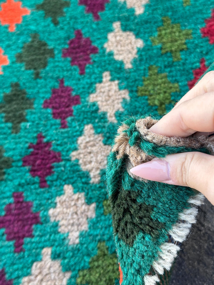 3x10 Handmade Vintage Afghan Baluch Runner Rug | Forest Pine Olive Green Brick Red Eggplant Purple Burnt Orange Navy Blue Grey Tan | Wool