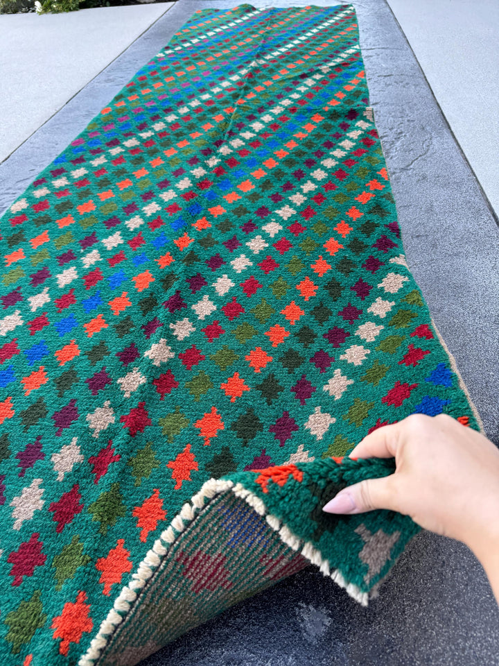 3x10 Handmade Vintage Afghan Baluch Runner Rug | Forest Pine Olive Green Brick Red Eggplant Purple Burnt Orange Navy Blue Grey Tan | Wool