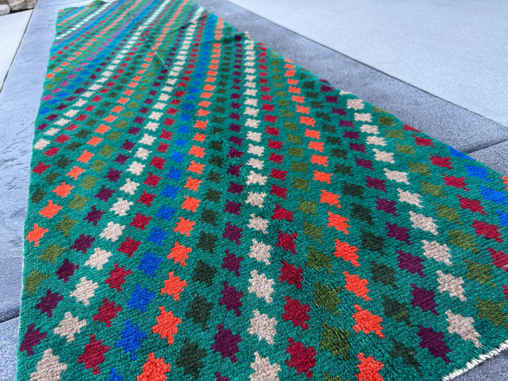 3x10 Handmade Vintage Afghan Baluch Runner Rug | Forest Pine Olive Green Brick Red Eggplant Purple Burnt Orange Navy Blue Grey Tan | Wool