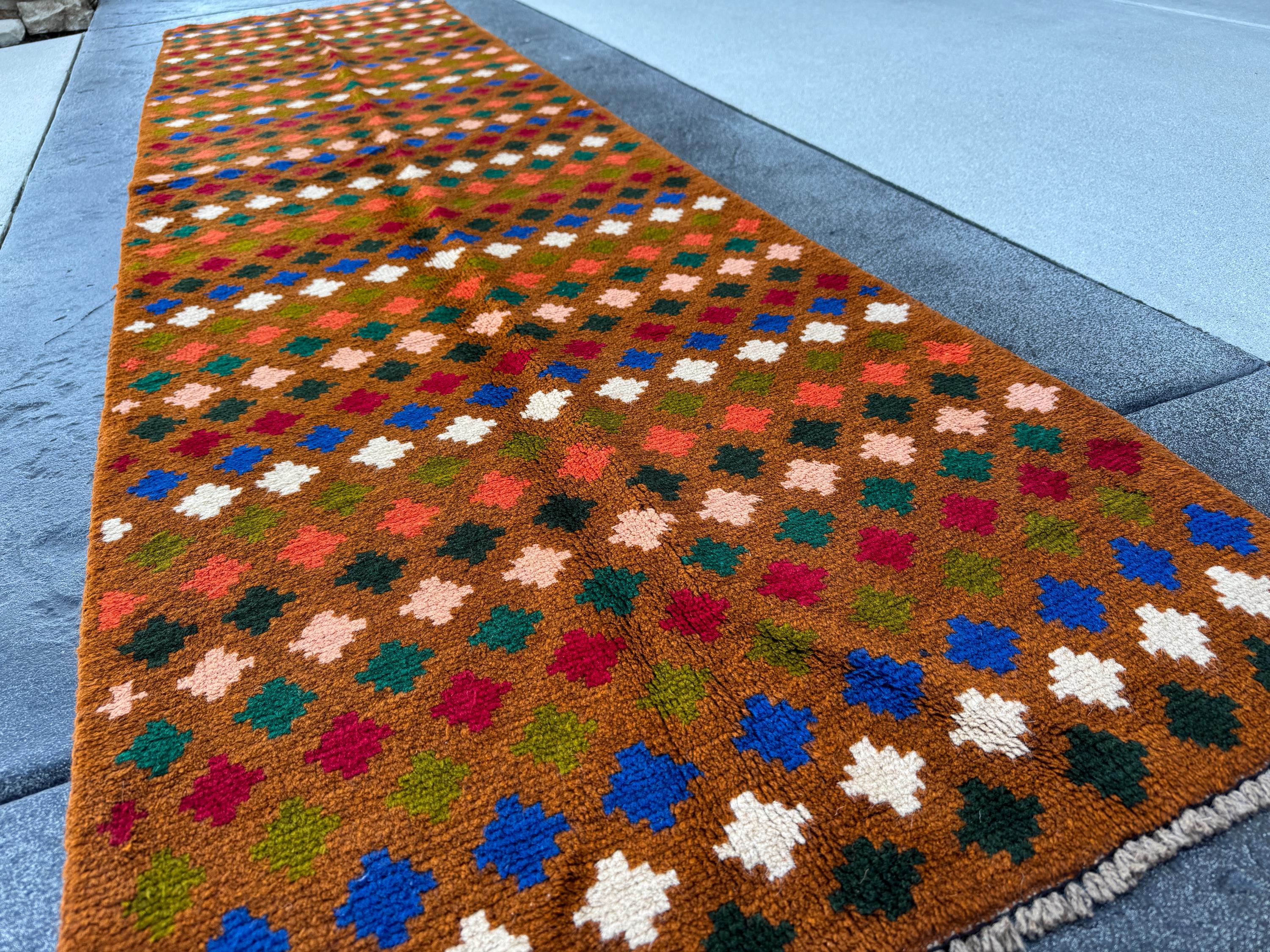 3x10 Handmade Vintage Afghan Baluch Runner Rug | Copper Brown Brick Red Forest Olive Pine Green White Burnt Orange Navy Blue Peach | Wool