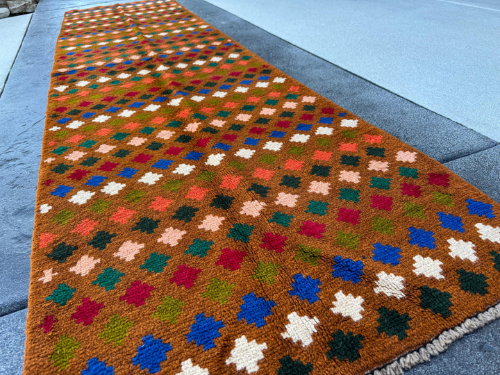3x10 Handmade Vintage Afghan Baluch Runner Rug | Copper Brown Brick Red Forest Olive Pine Green White Burnt Orange Navy Blue Peach | Wool