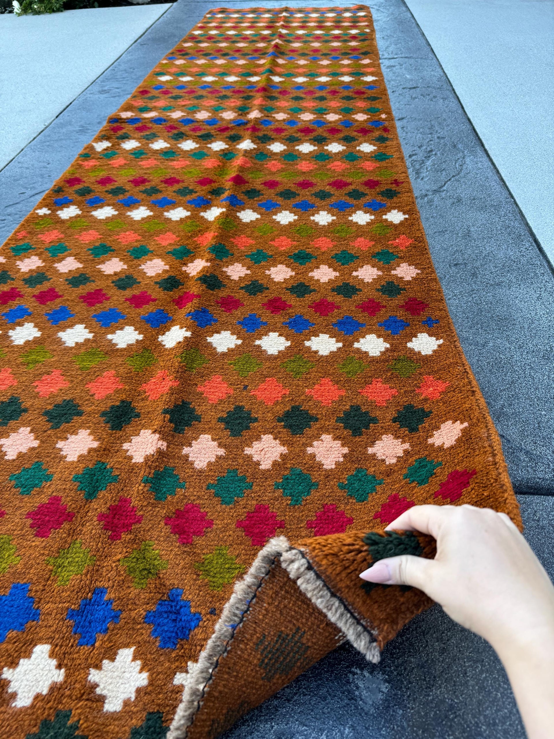 3x10 Handmade Vintage Afghan Baluch Runner Rug | Copper Brown Brick Red Forest Olive Pine Green White Burnt Orange Navy Blue Peach | Wool