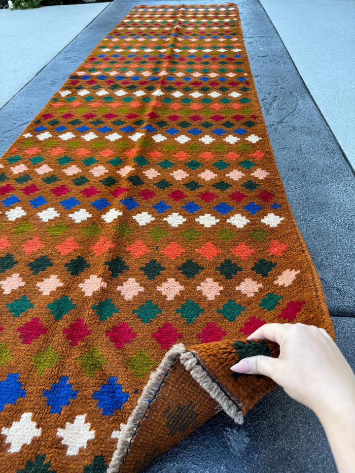 3x10 Handmade Vintage Afghan Baluch Runner Rug | Copper Brown Brick Red Forest Olive Pine Green White Burnt Orange Navy Blue Peach | Wool