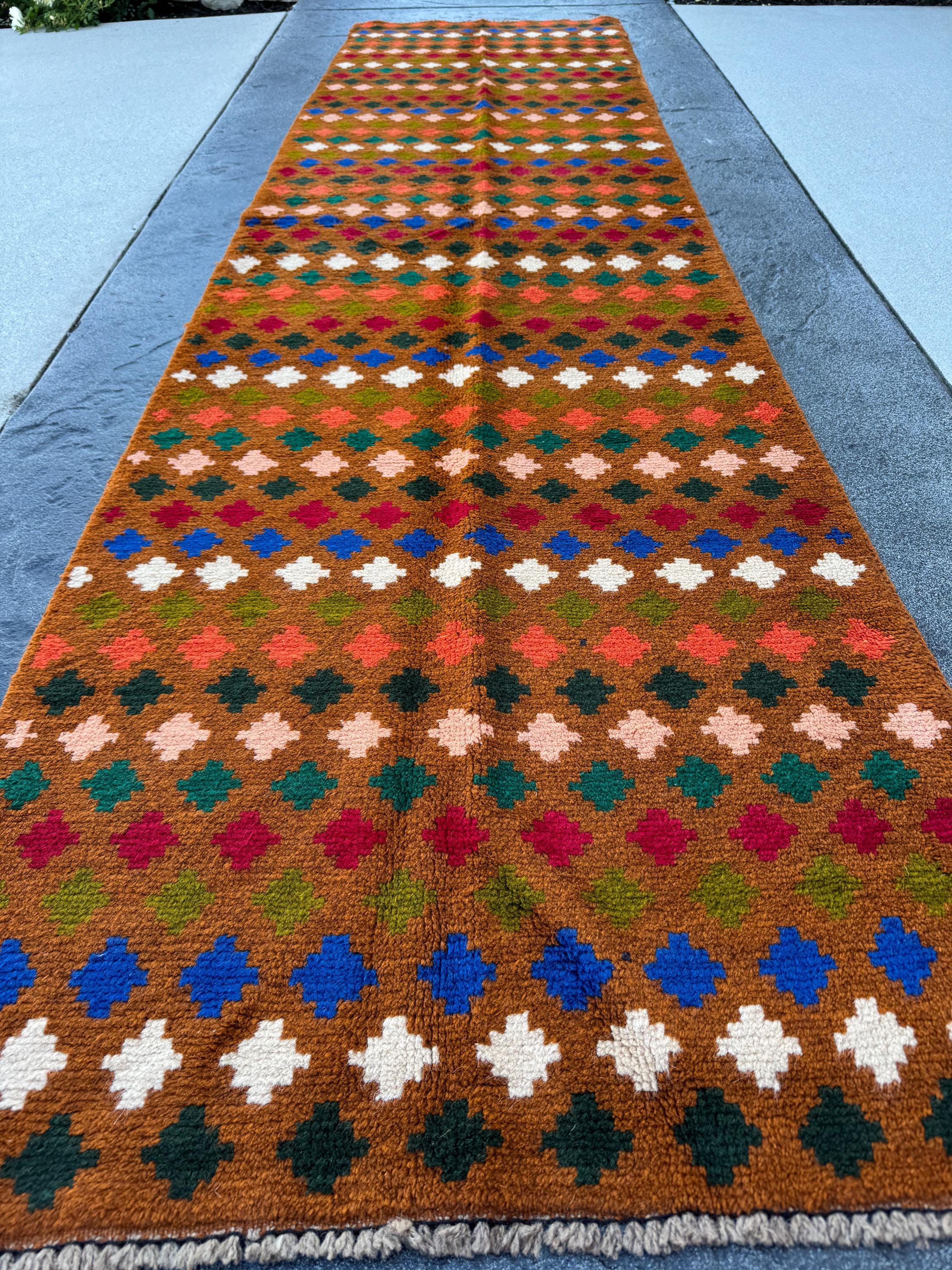 3x10 Handmade Vintage Afghan Baluch Runner Rug | Copper Brown Brick Red Forest Olive Pine Green White Burnt Orange Navy Blue Peach | Wool