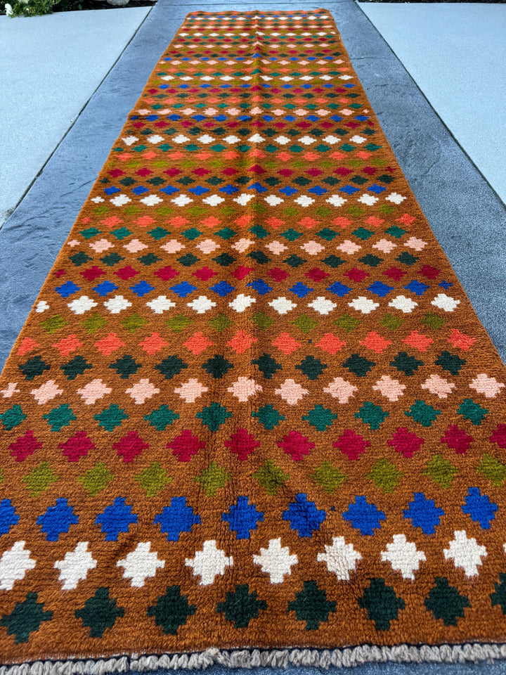 3x10 Handmade Vintage Afghan Baluch Runner Rug | Copper Brown Brick Red Forest Olive Pine Green White Burnt Orange Navy Blue Peach | Wool